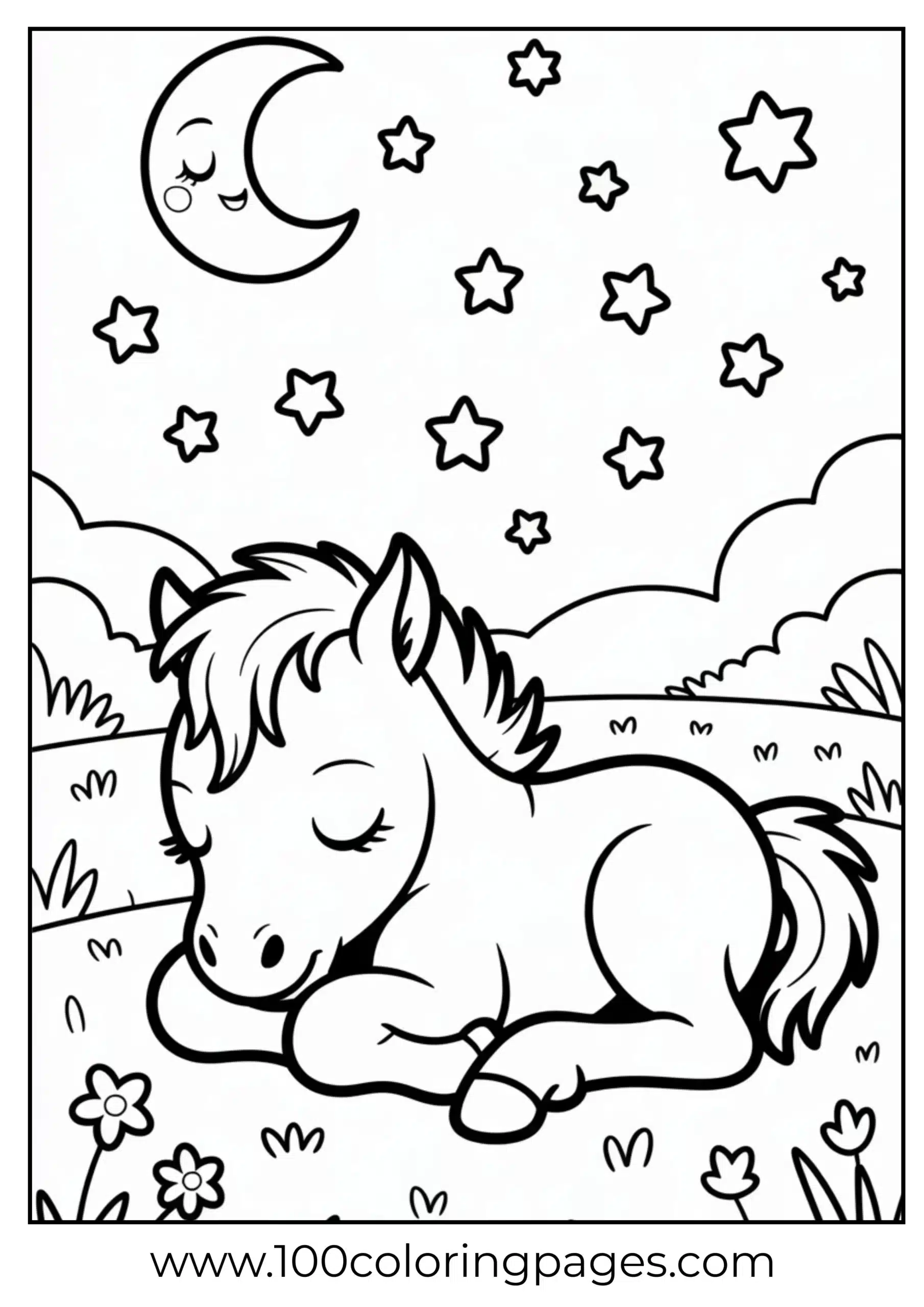 Baby pony sleeping under moon and stars