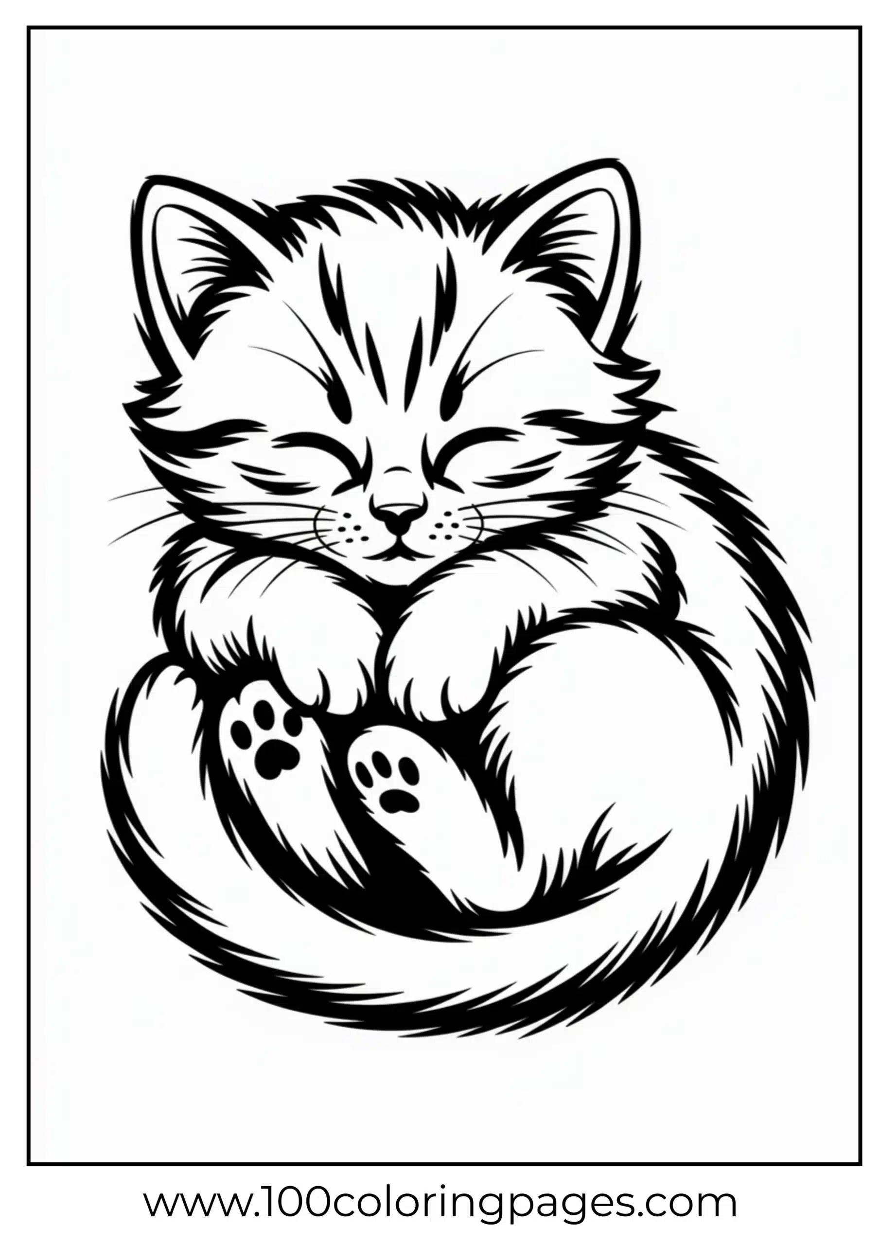 Cute sleeping kitten curled in a ball coloring page