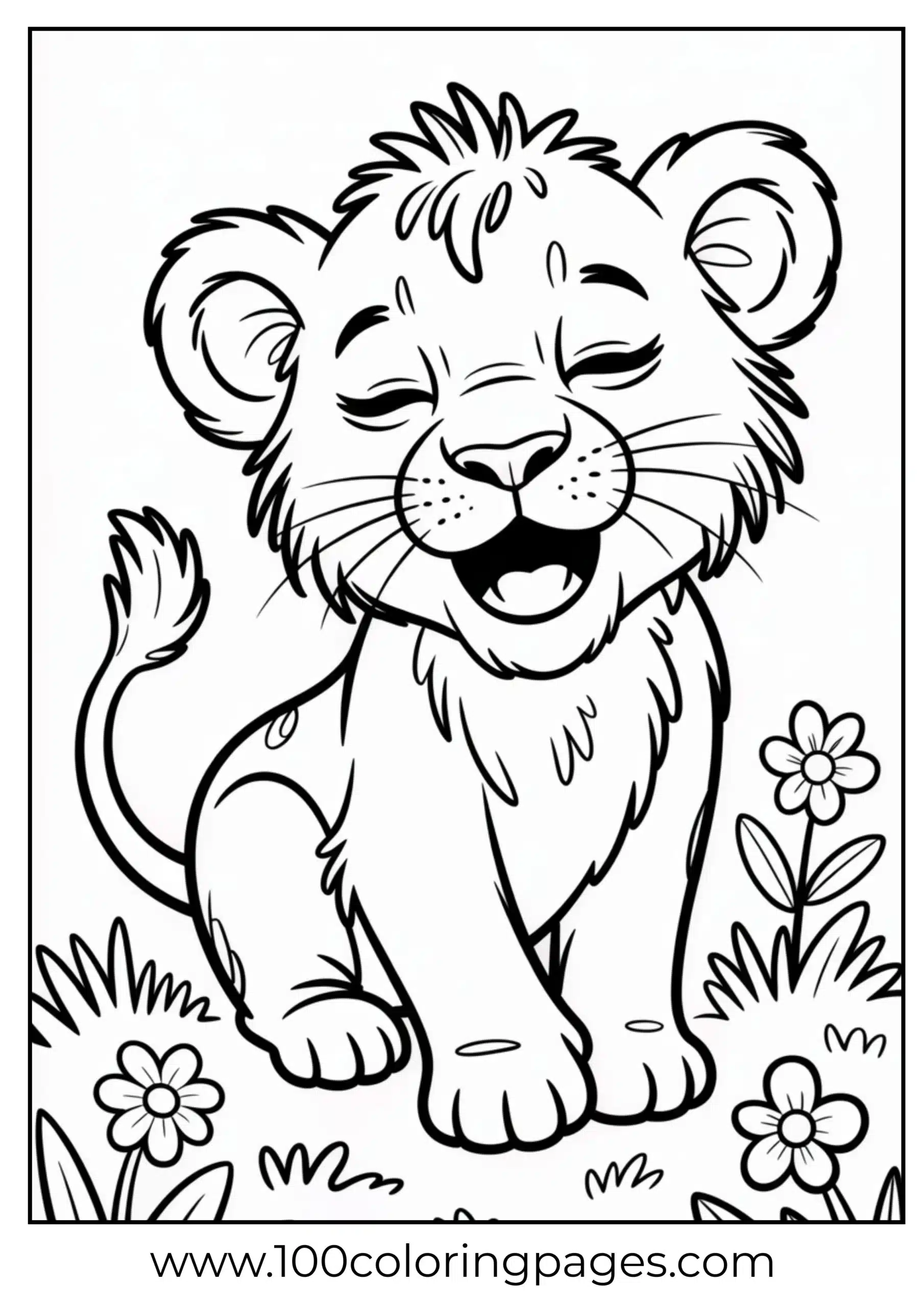 Cute lion cub yawning coloring page