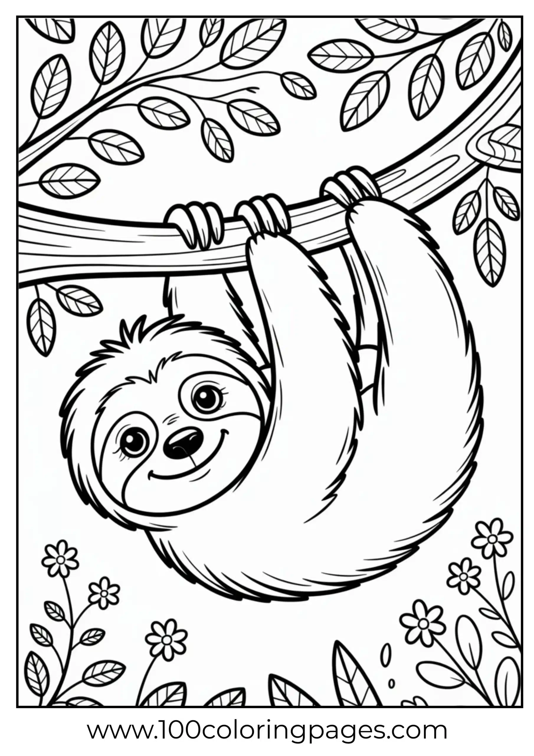 Cute sloth hanging from tree coloring page