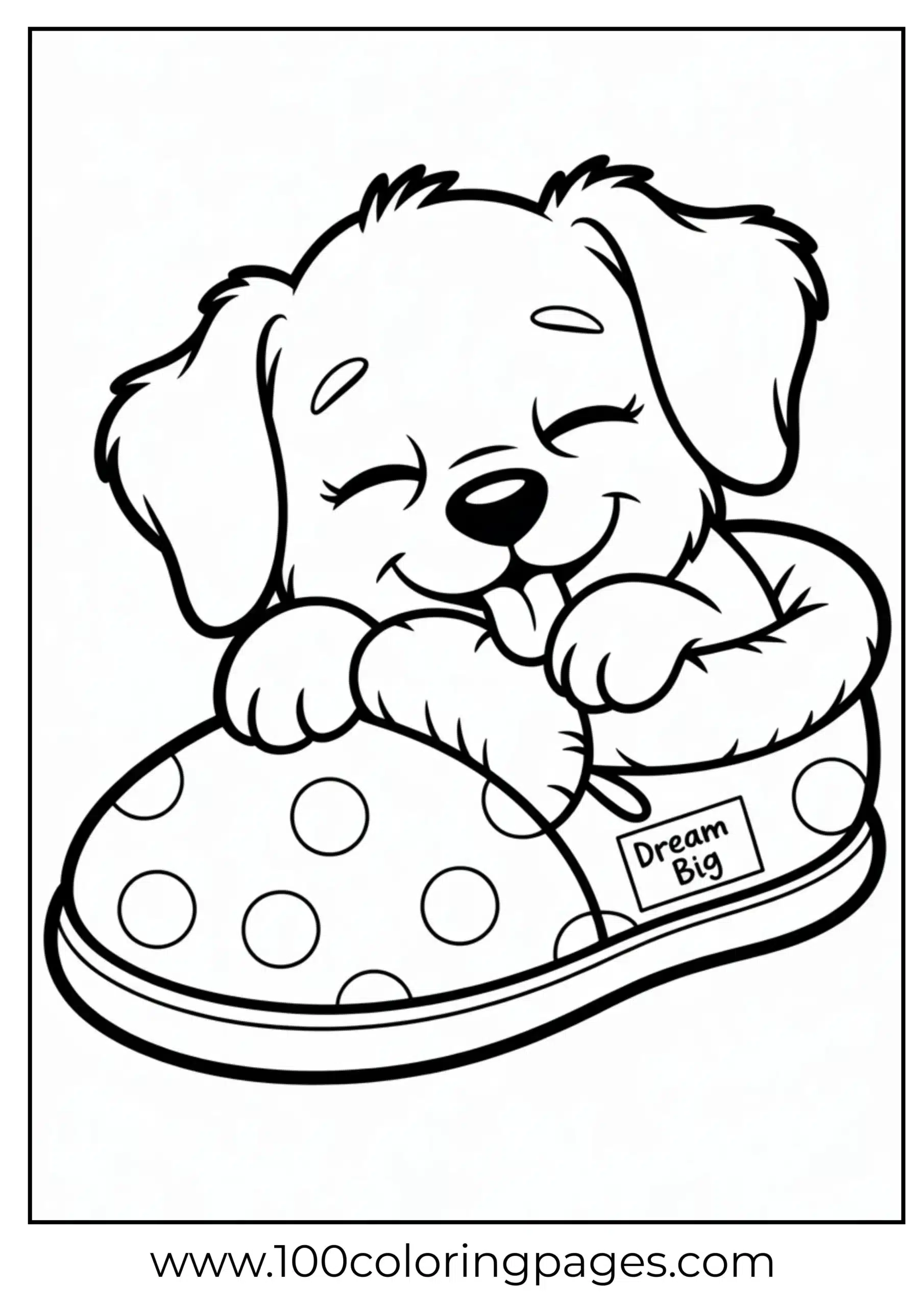 Cute puppy asleep in slipper coloring page