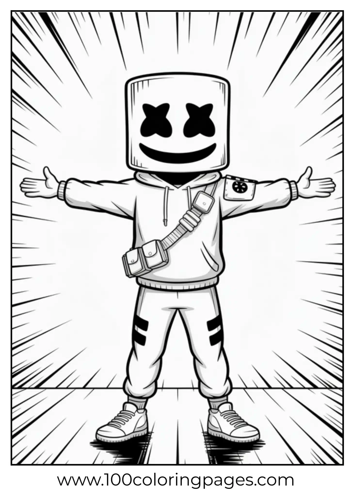 Smiling character with a box head and arms wide open