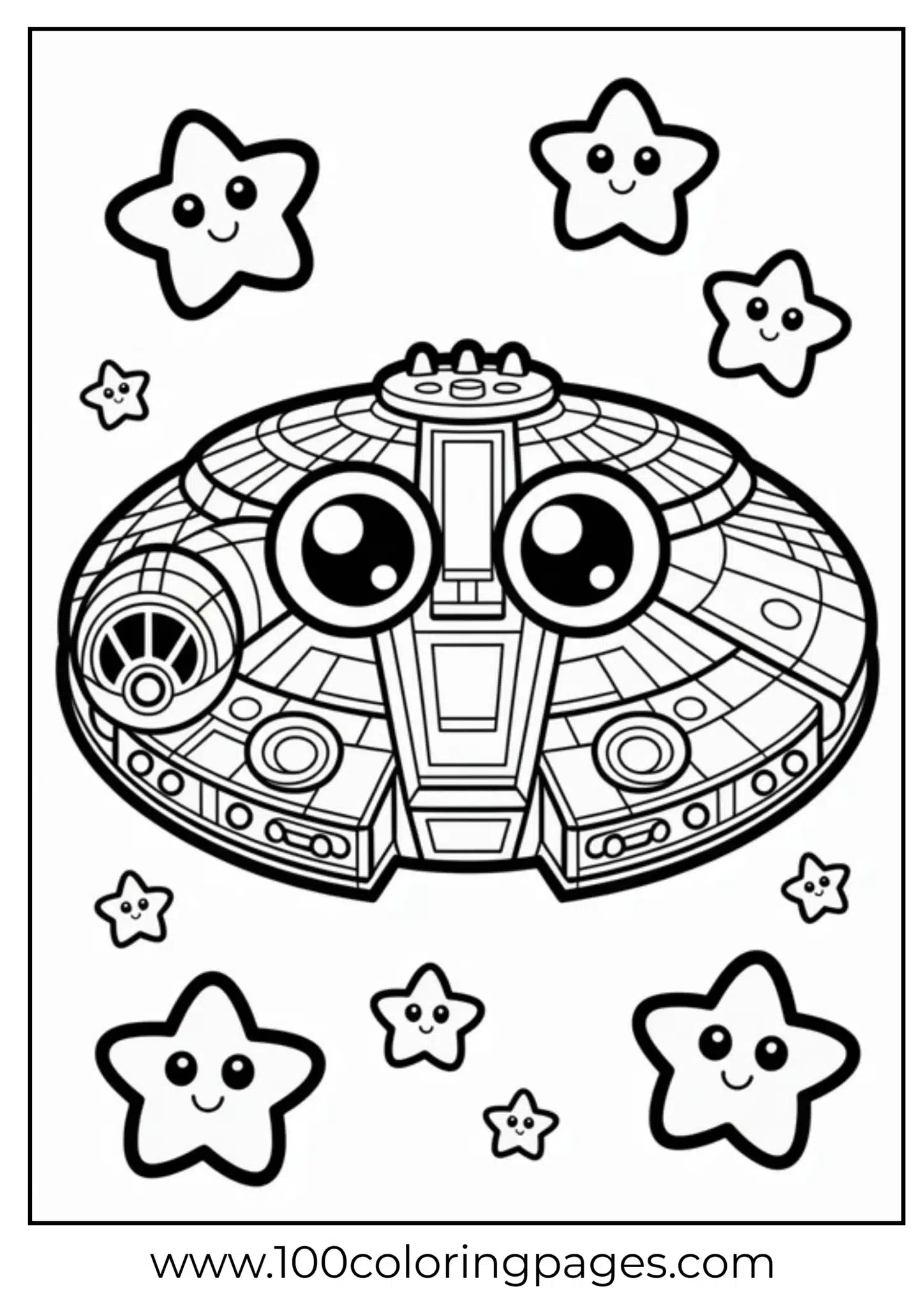 Cartoonish spaceship surrounded by cute star characters