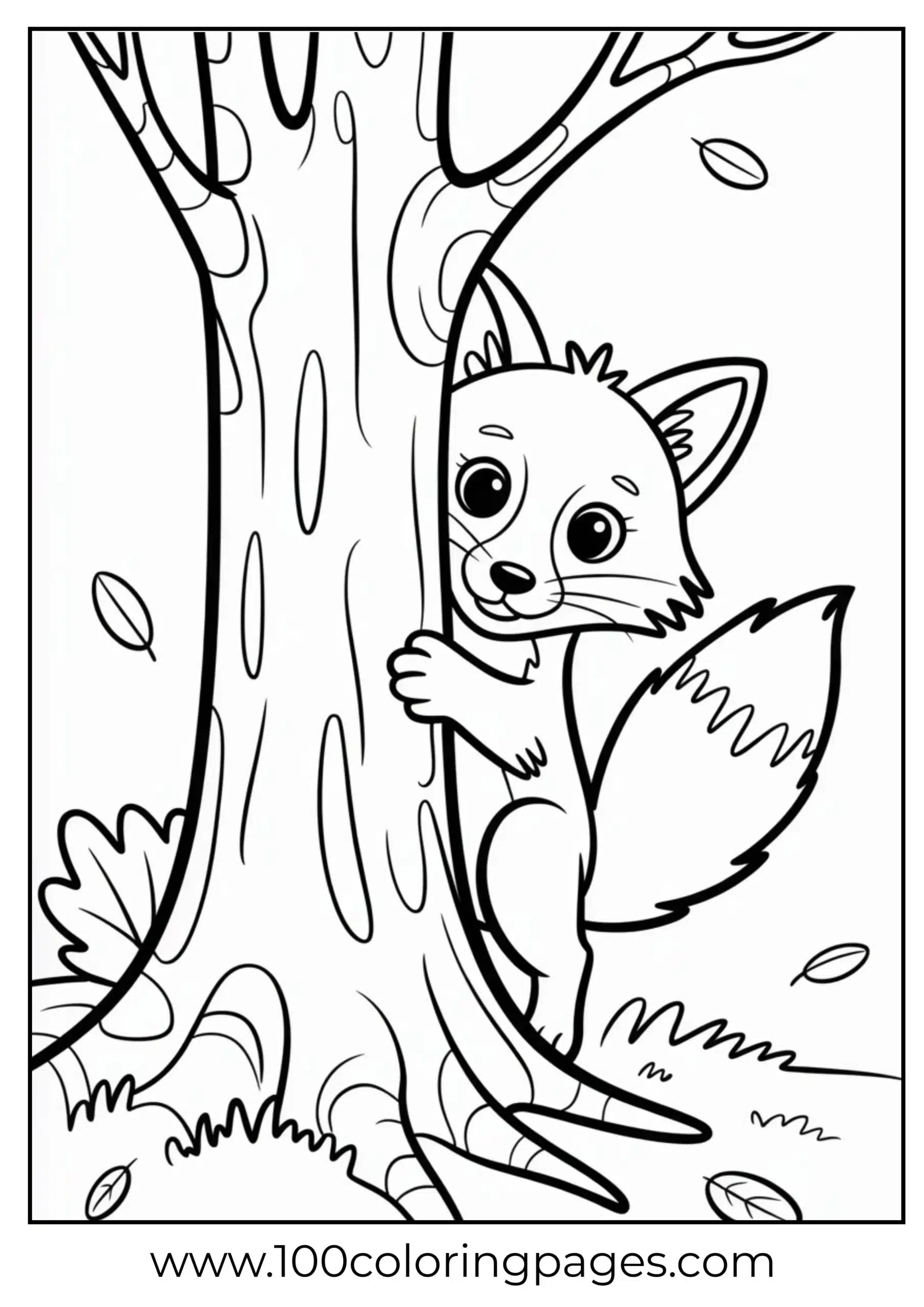 Fox peeking from behind tree