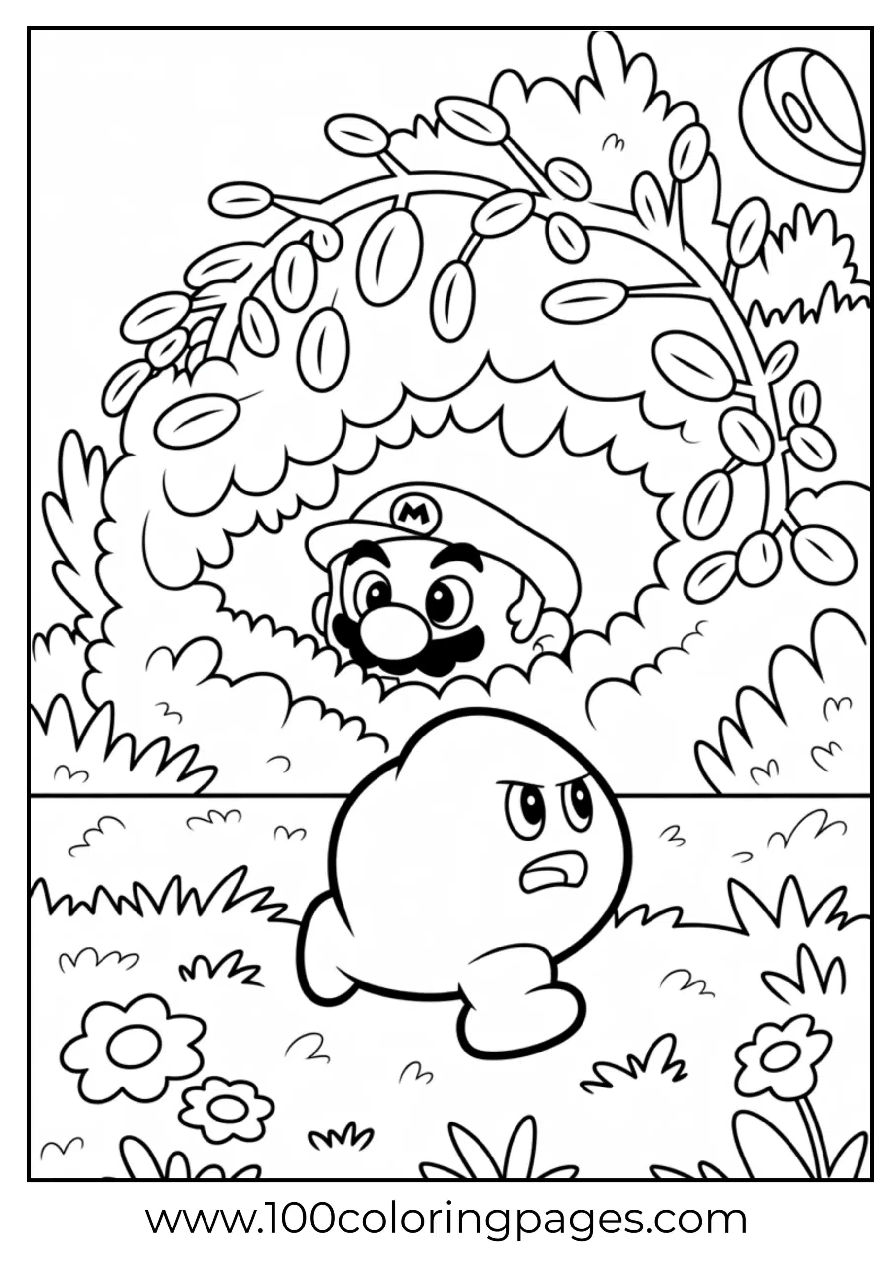 Mario hiding in a bush from a passing Goomba