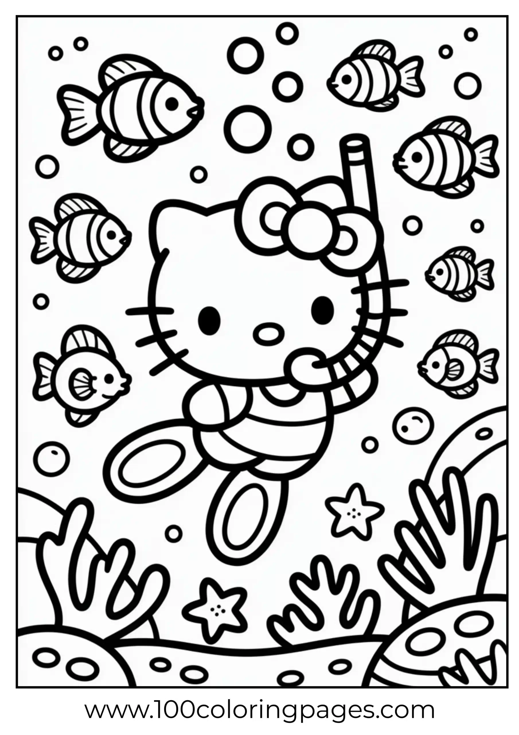 Hello Kitty snorkeling underwater coloring page