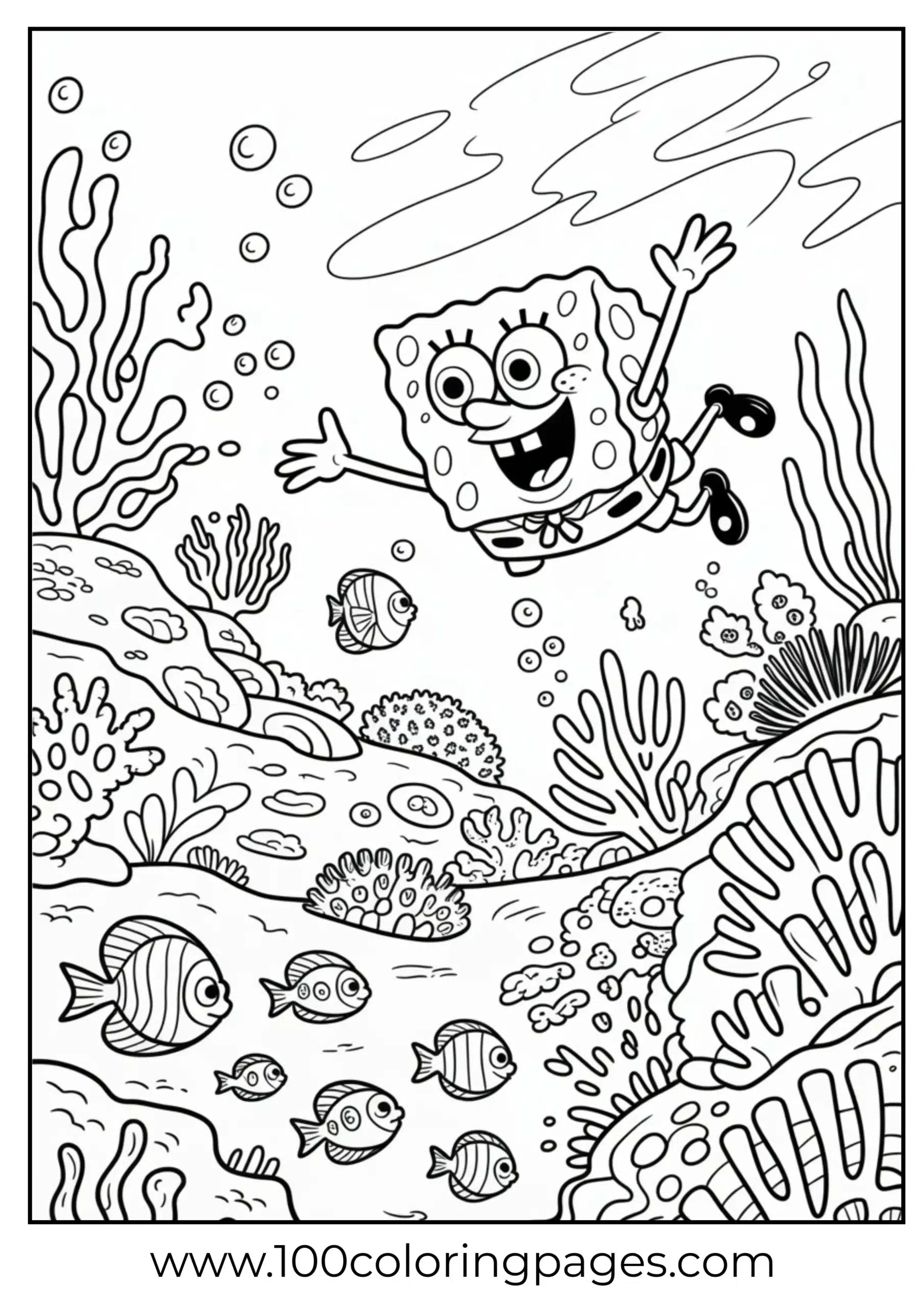 SpongeBob diving near coral wearing fins