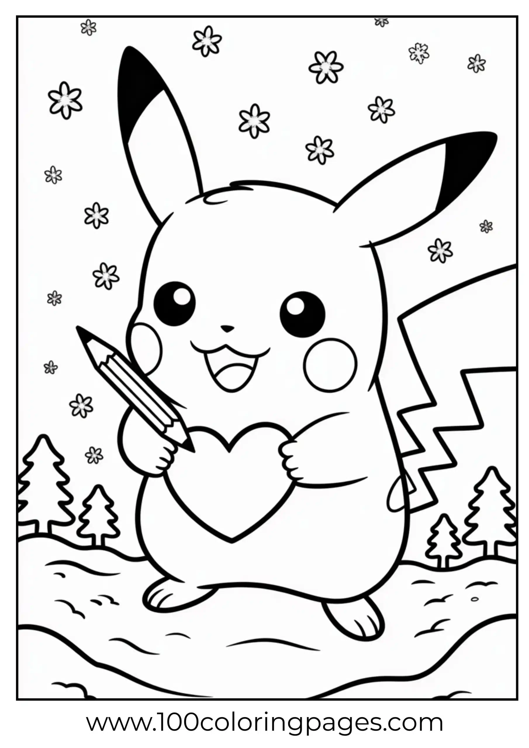 Pikachu drawing heart in snowy ground