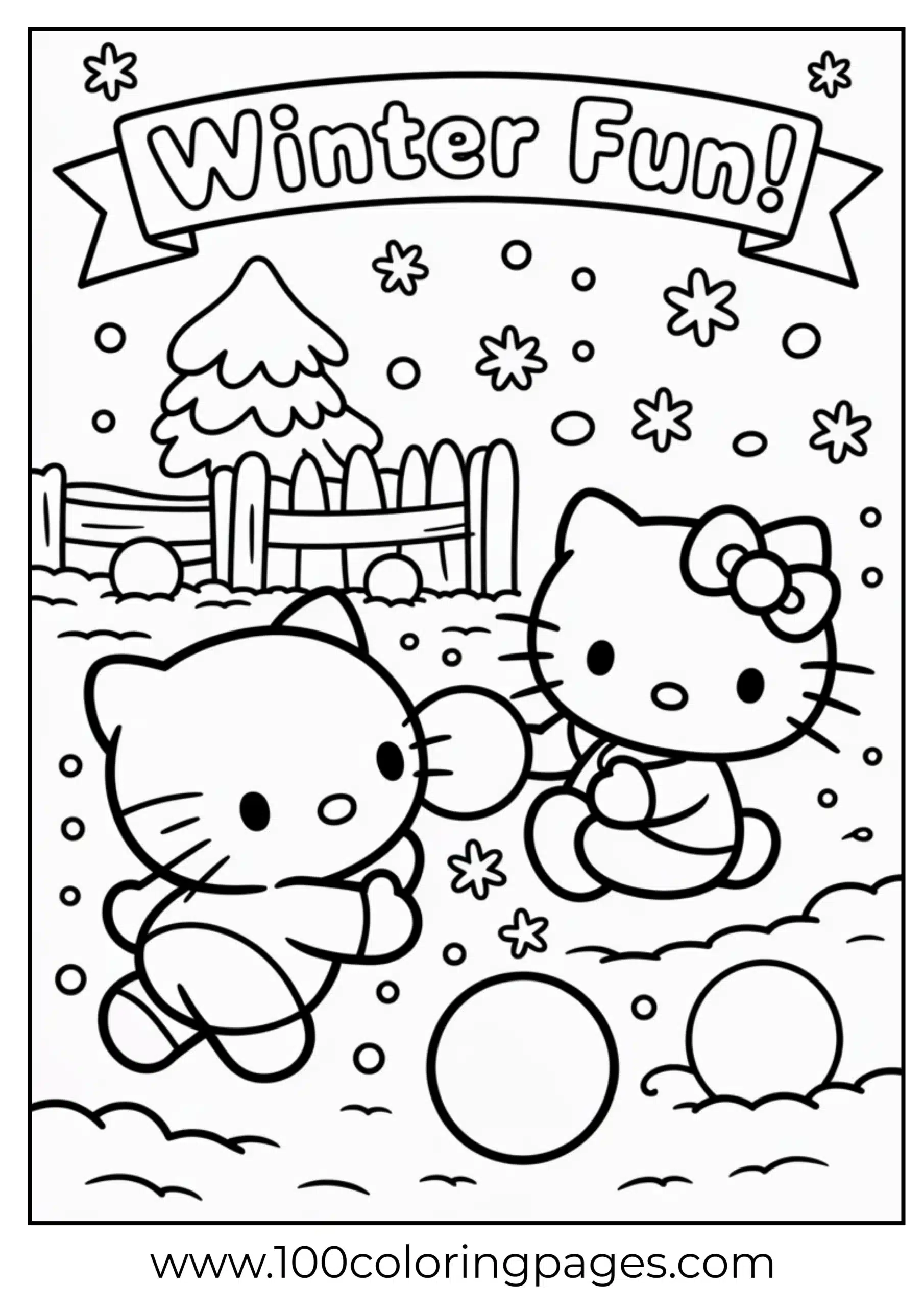 Hello Kitty and Badtz-Maru snowball fight coloring page