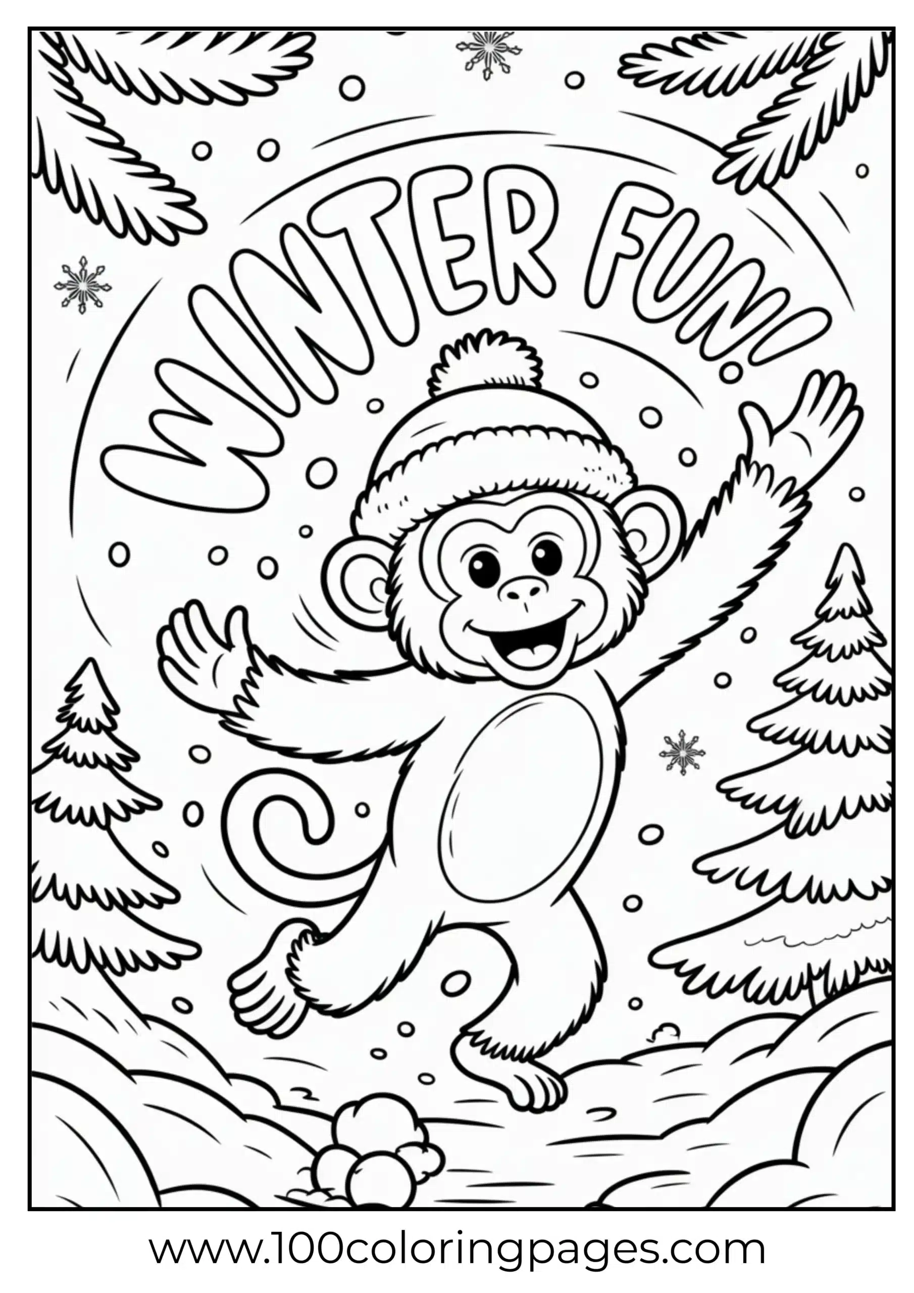 Monkey throwing snowballs in winter coloring page
