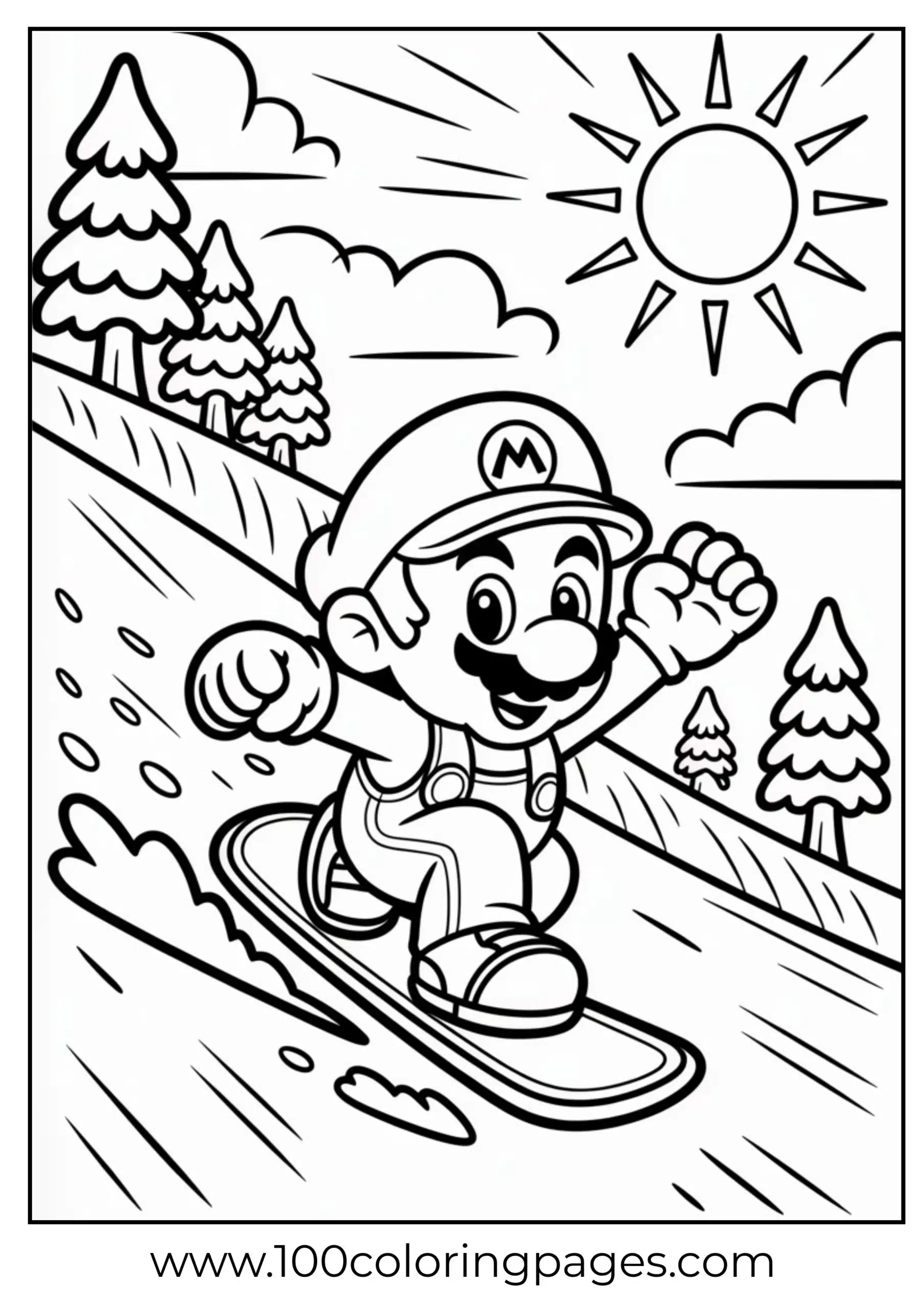 Mario snowboarding fast in a mountain coloring scene
