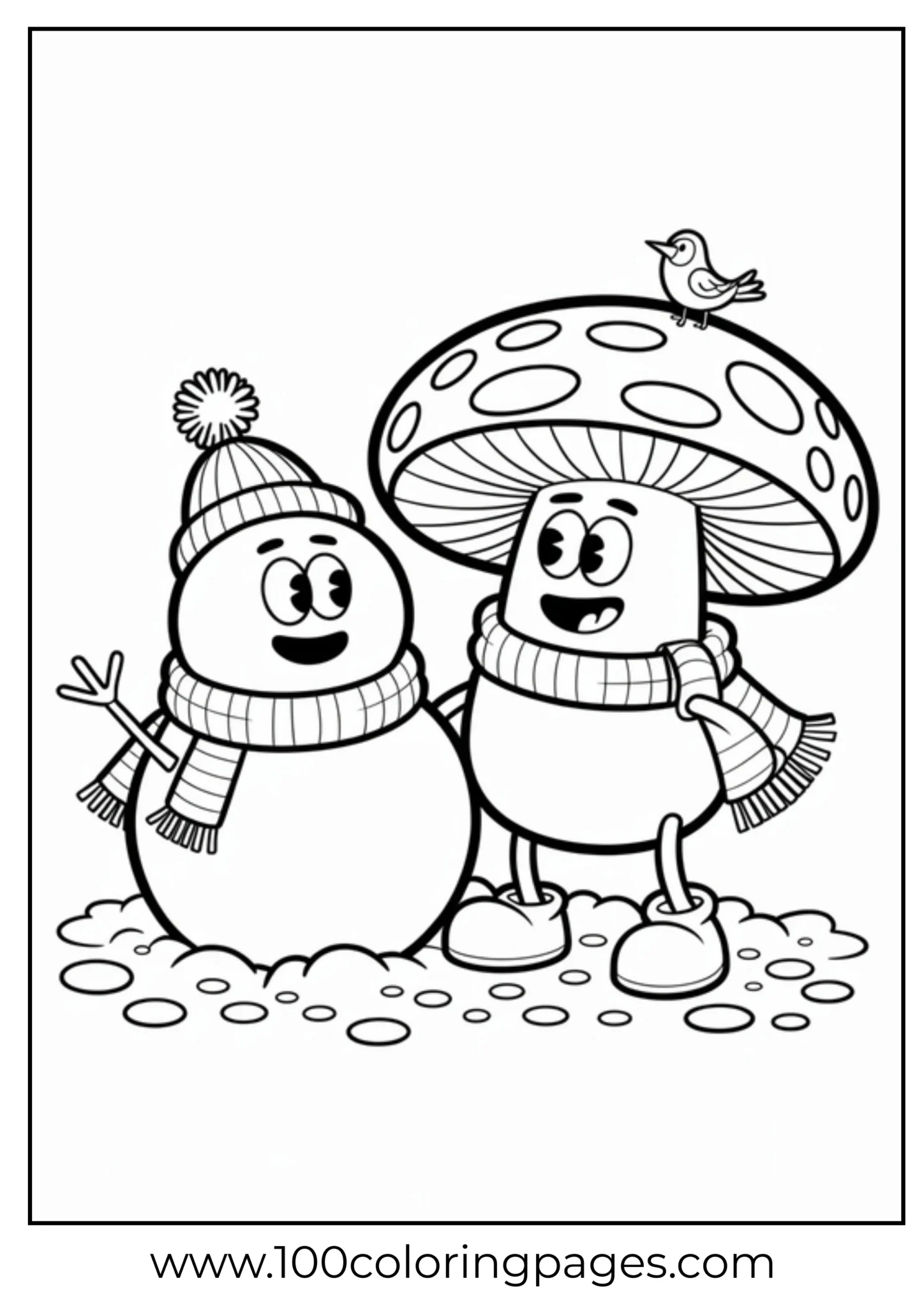 Snowman and a smiling mushroom character with a bird on top