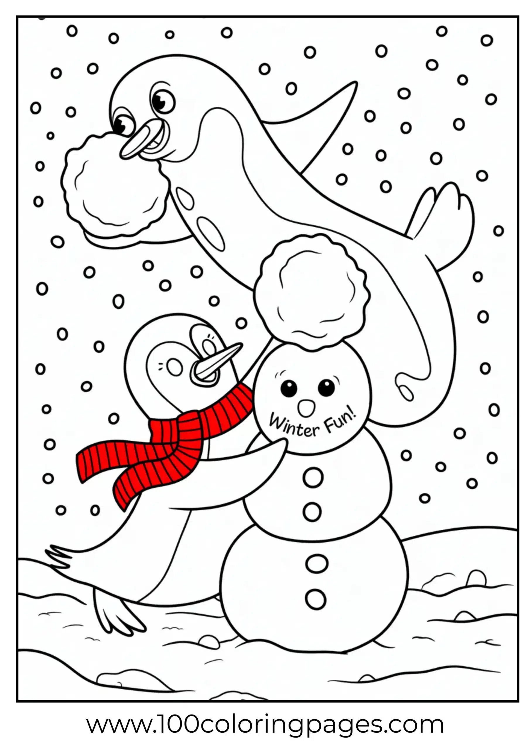 Penguin and seal building snowman coloring page