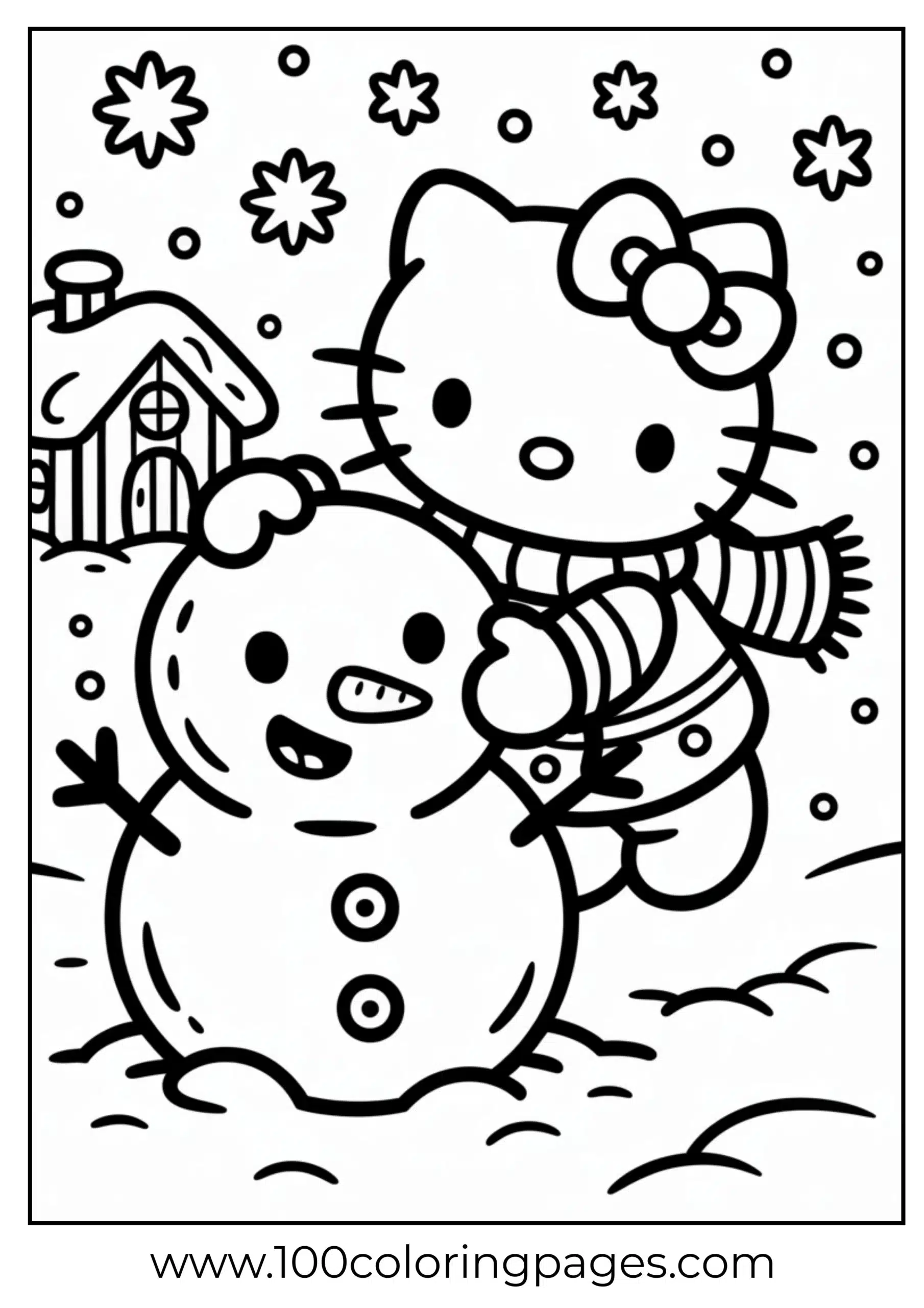 Hello Kitty building snowman coloring page