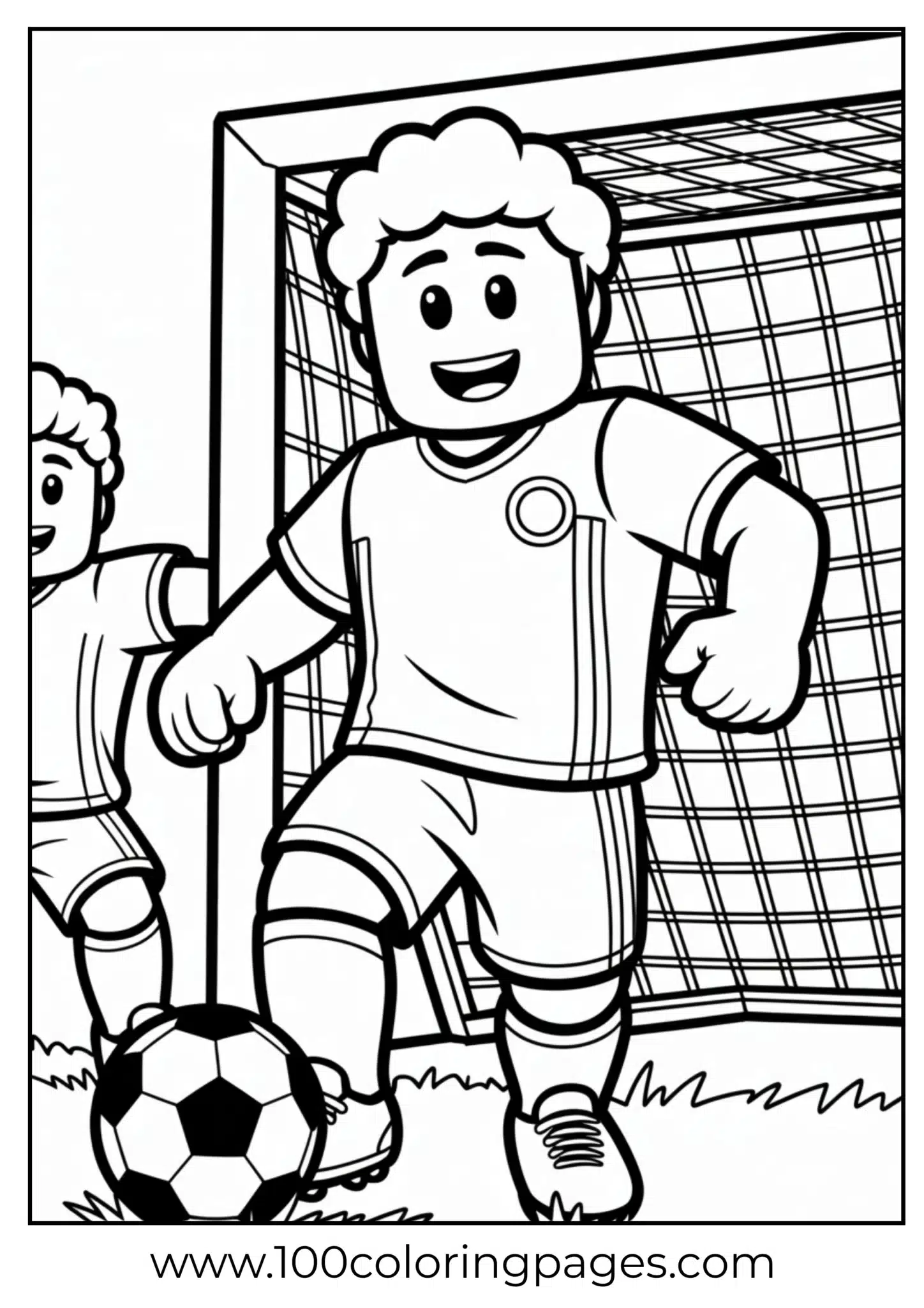 Cartoon of a young boy playing soccer on a field