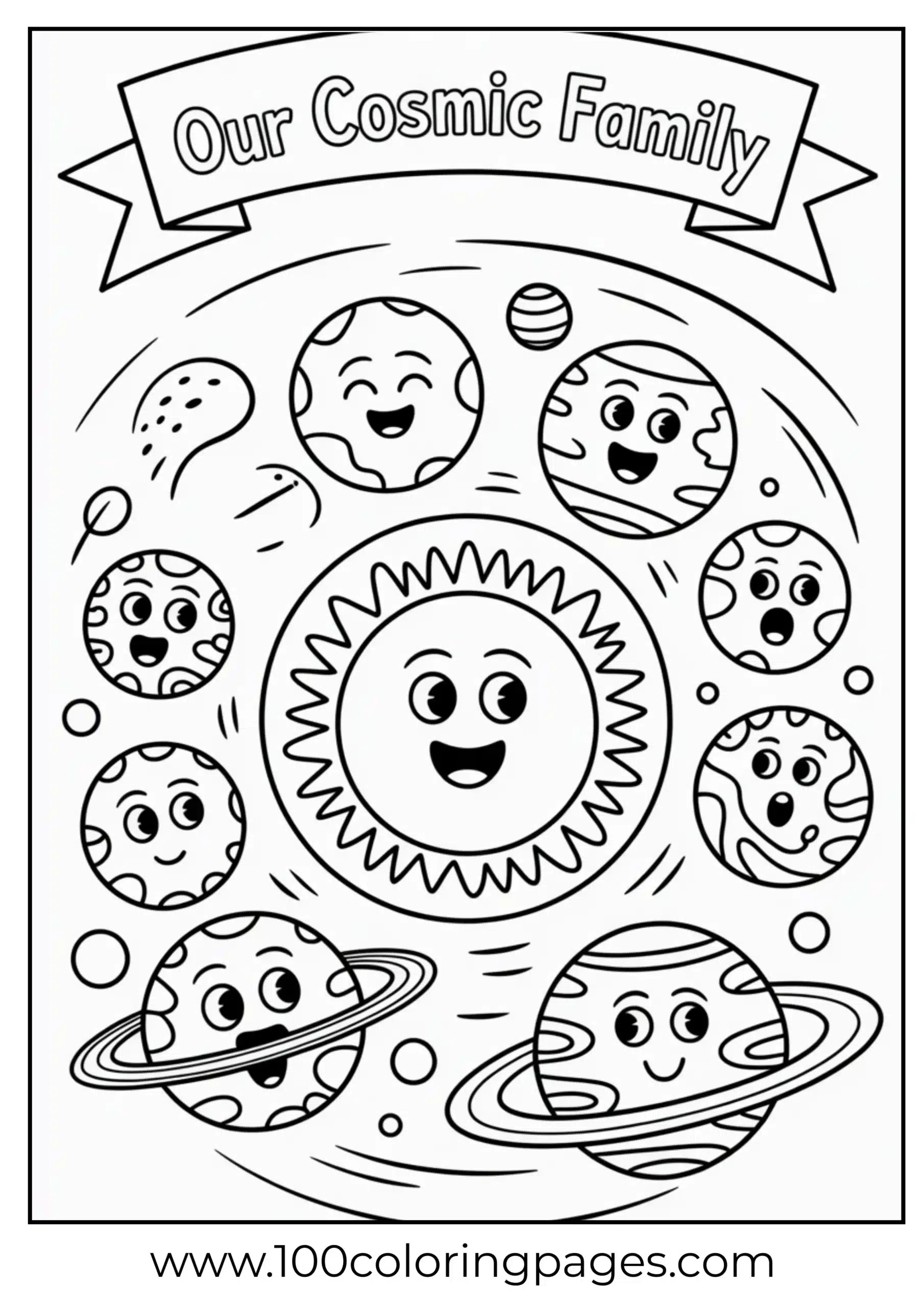Emoji-style planets coloring page