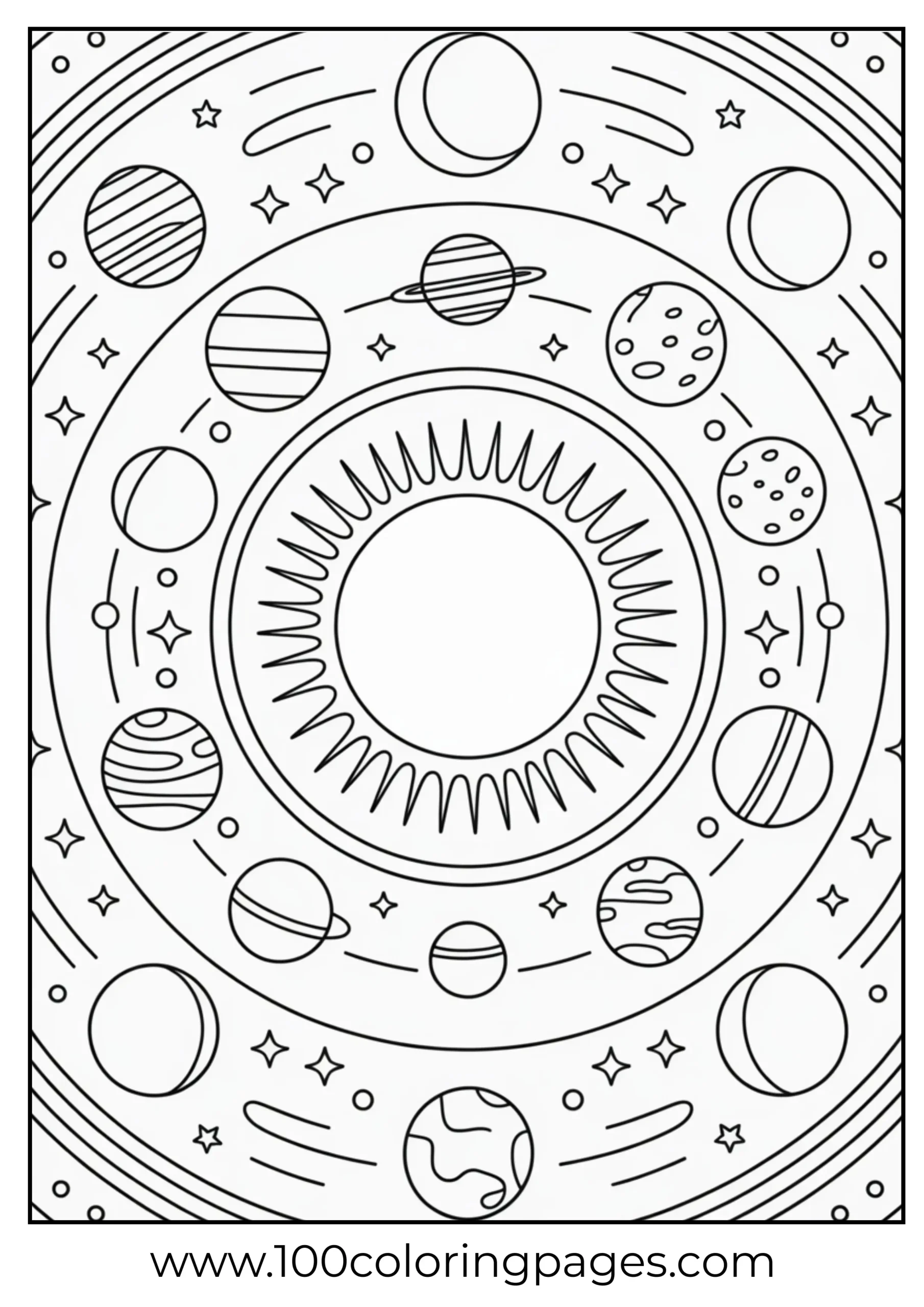 Mandala with solar system elements coloring page