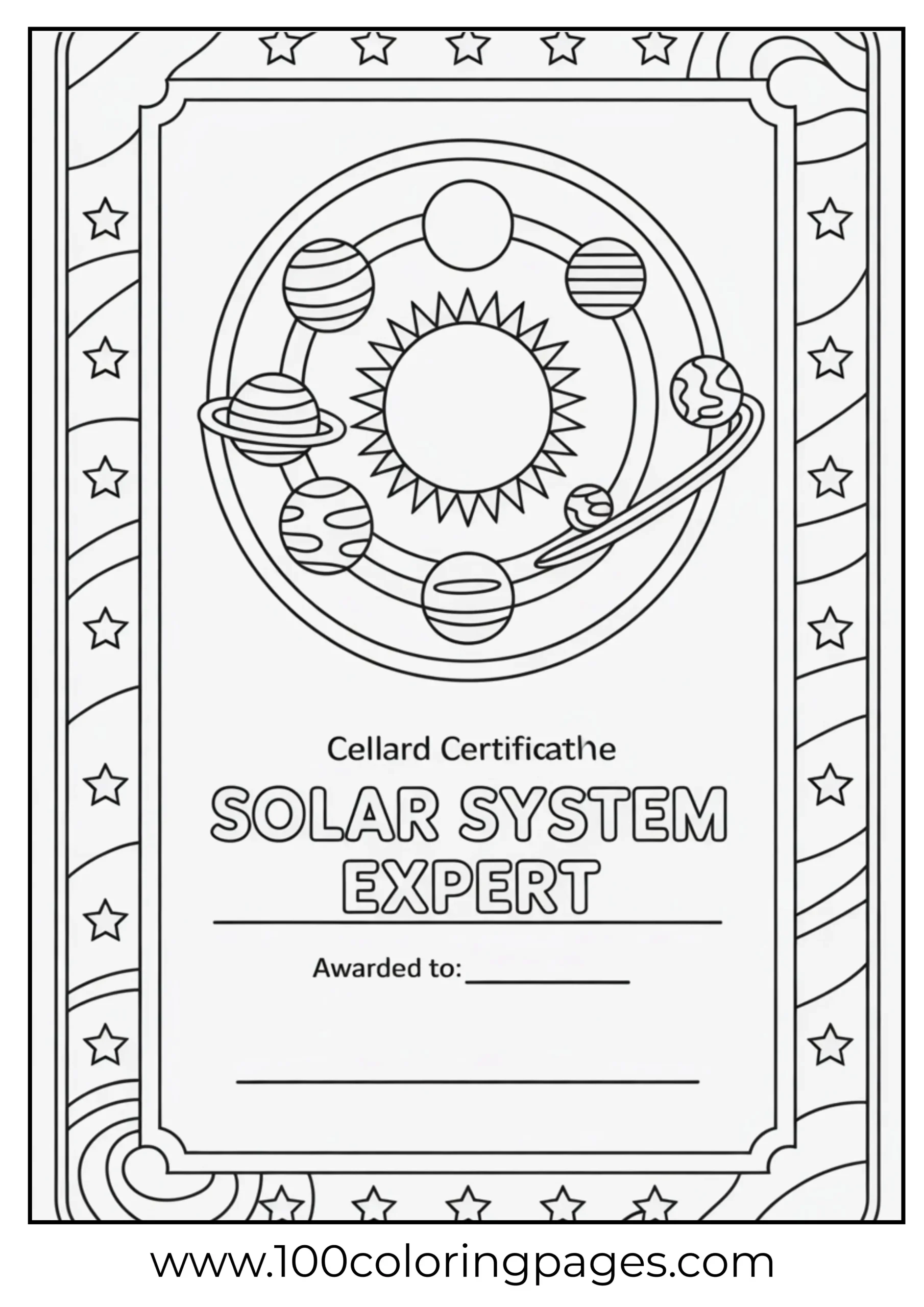 Space-themed award certificate coloring page
