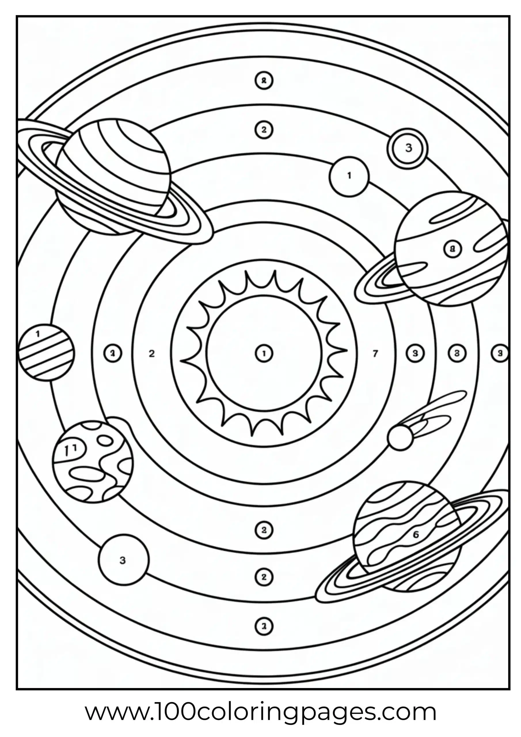 Numbered solar system coloring page