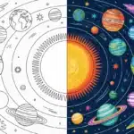 Side-by-side image showing a detailed solar system coloring pages and its fully colored version with planets and stars