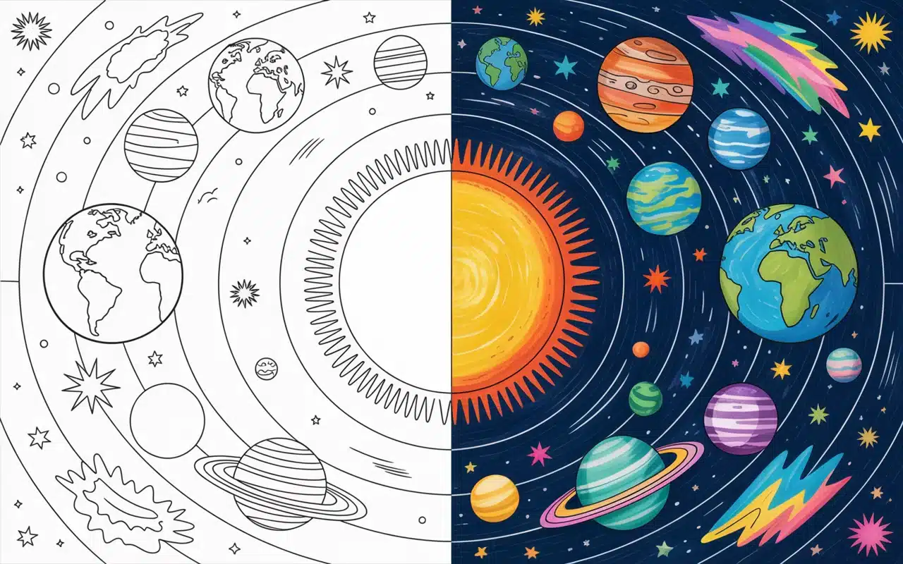 Side-by-side image showing a detailed solar system coloring pages and its fully colored version with planets and stars