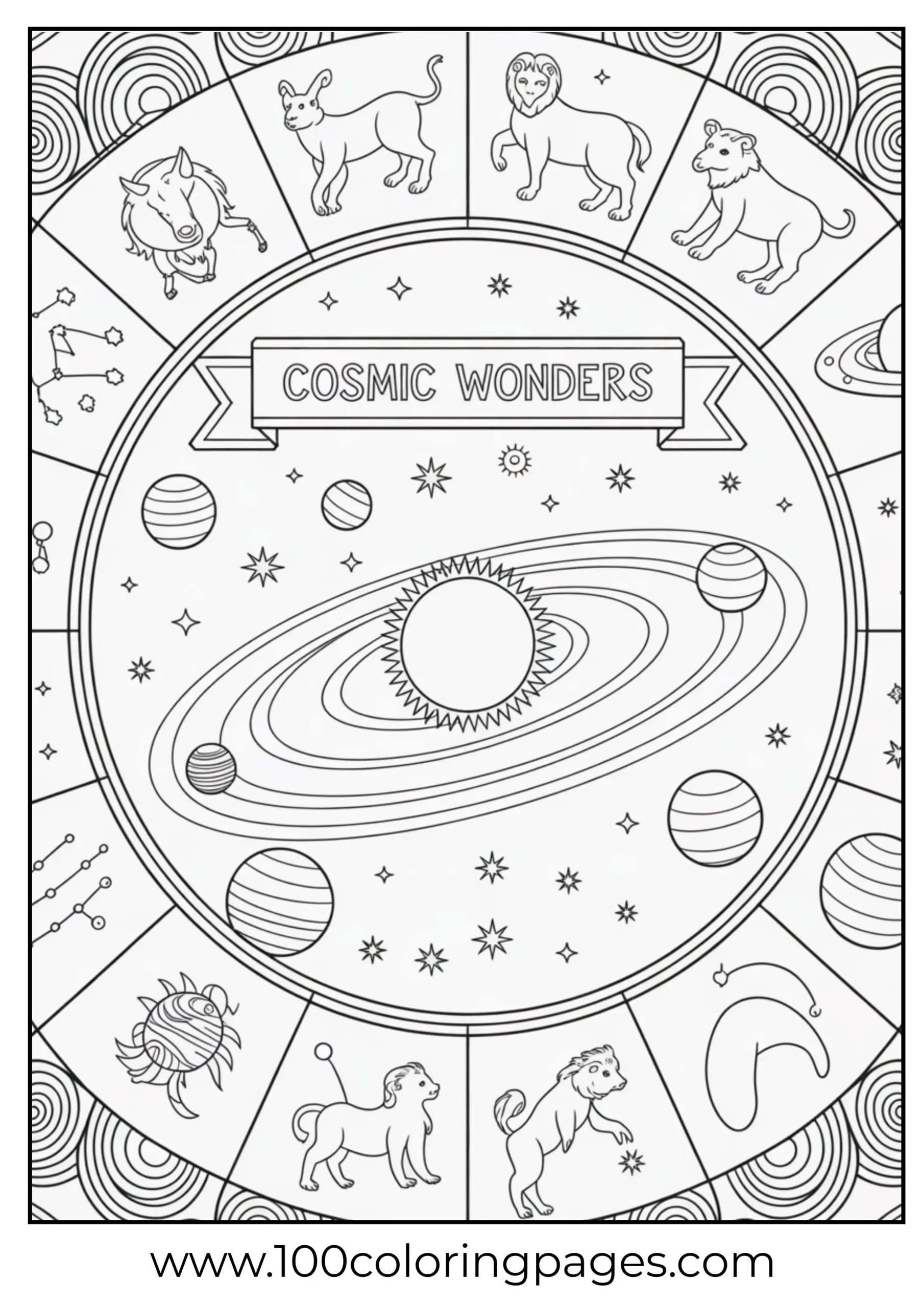 Solar system with constellations coloring page