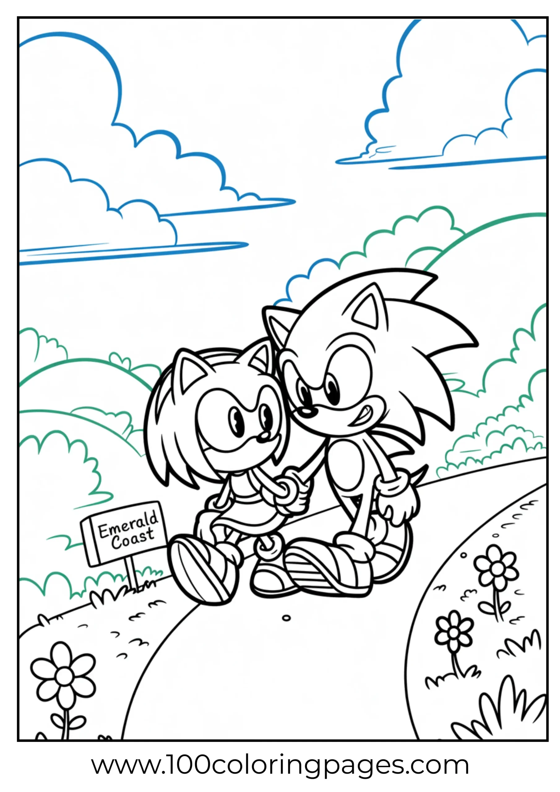 Sonic and Amy walking together coloring page