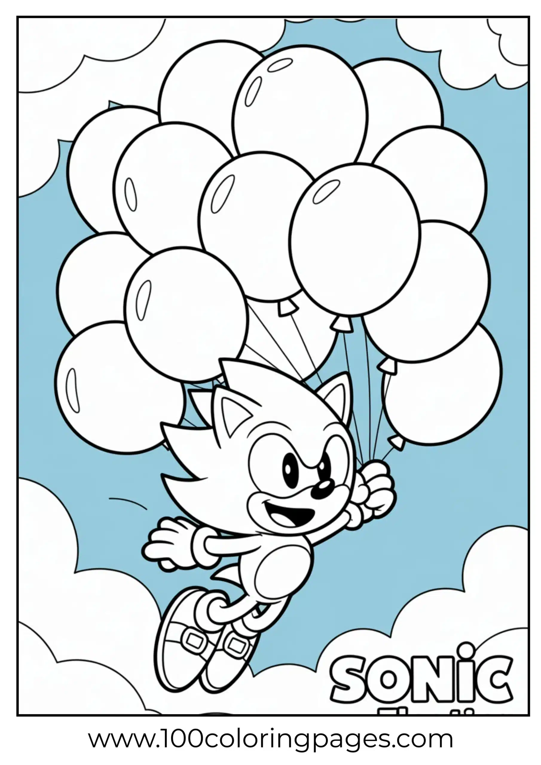 Sonic floating with balloons coloring page