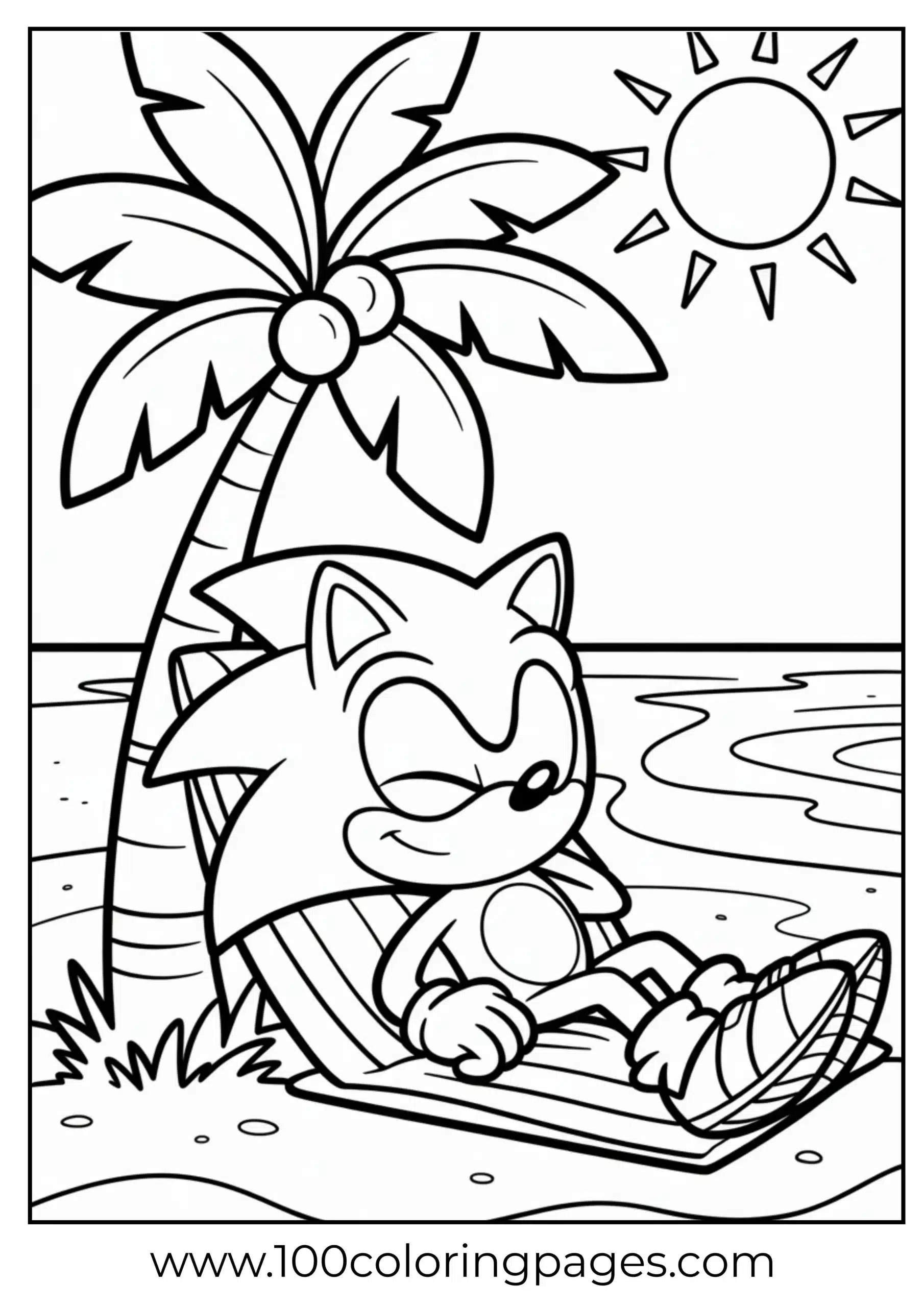 Sonic relaxing under palm tree coloring page