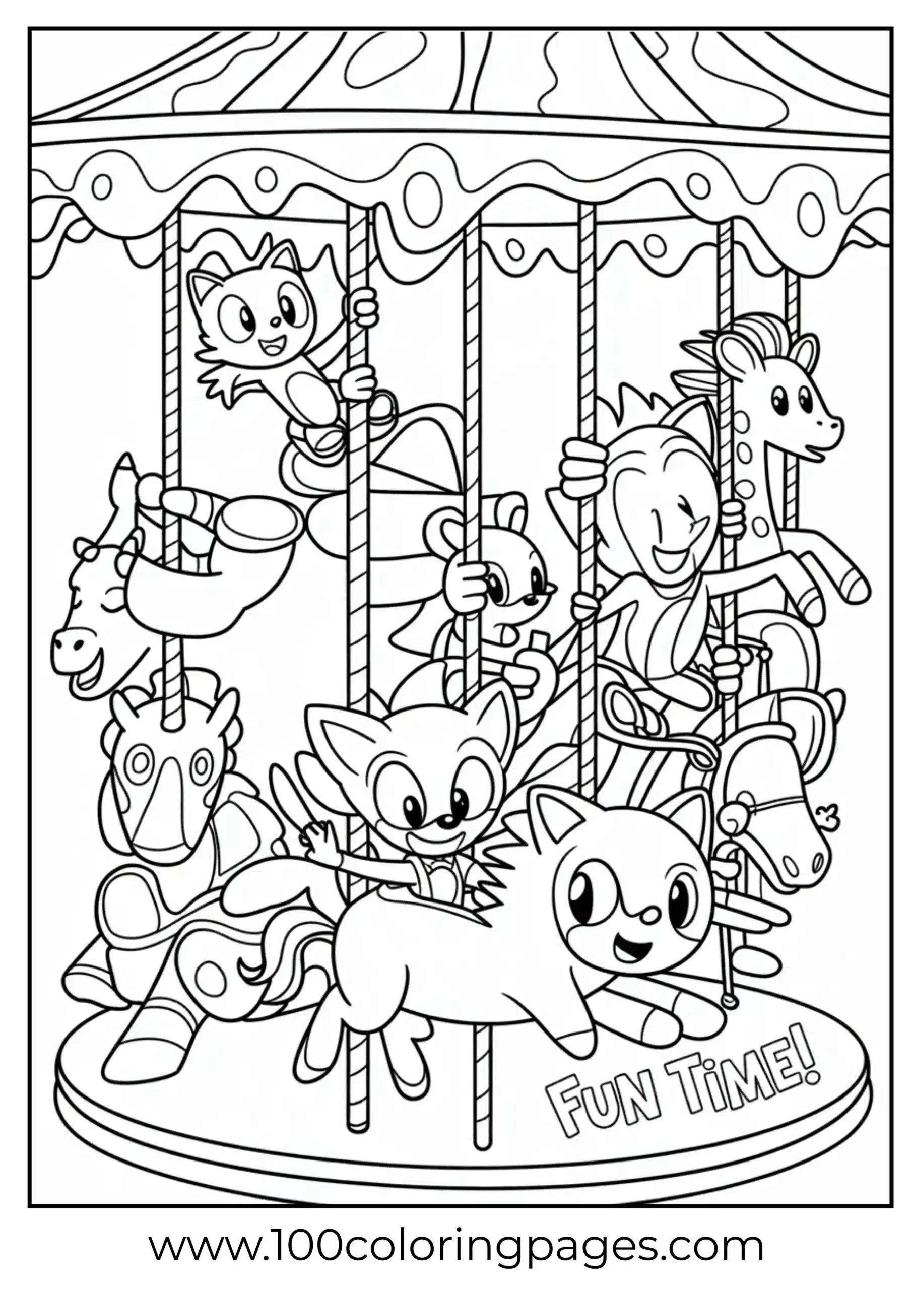 Sonic riding carousel with friends coloring page