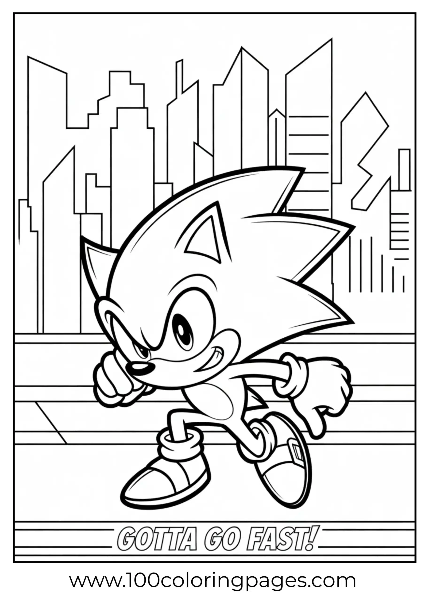 Sonic running in city landscape coloring page