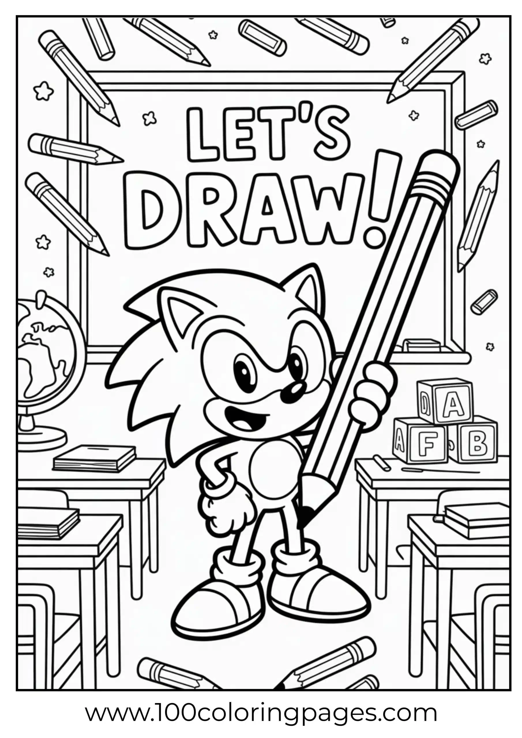 Sonic with pencil in drawing pose coloring page