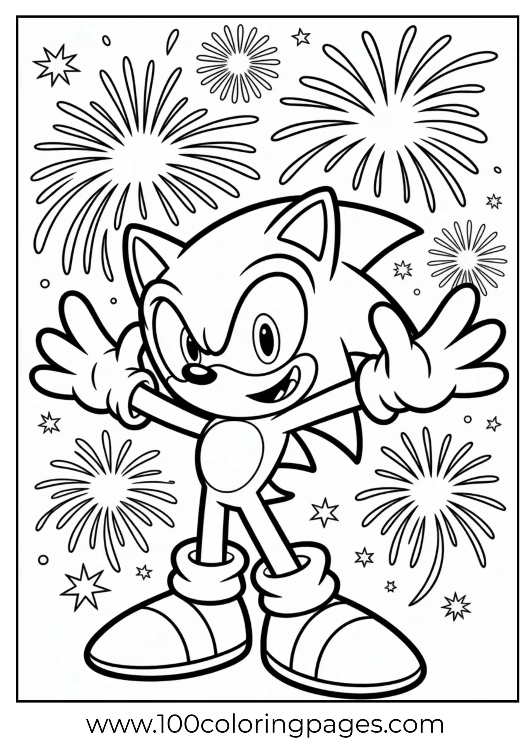 Sonic with fireworks celebration coloring page