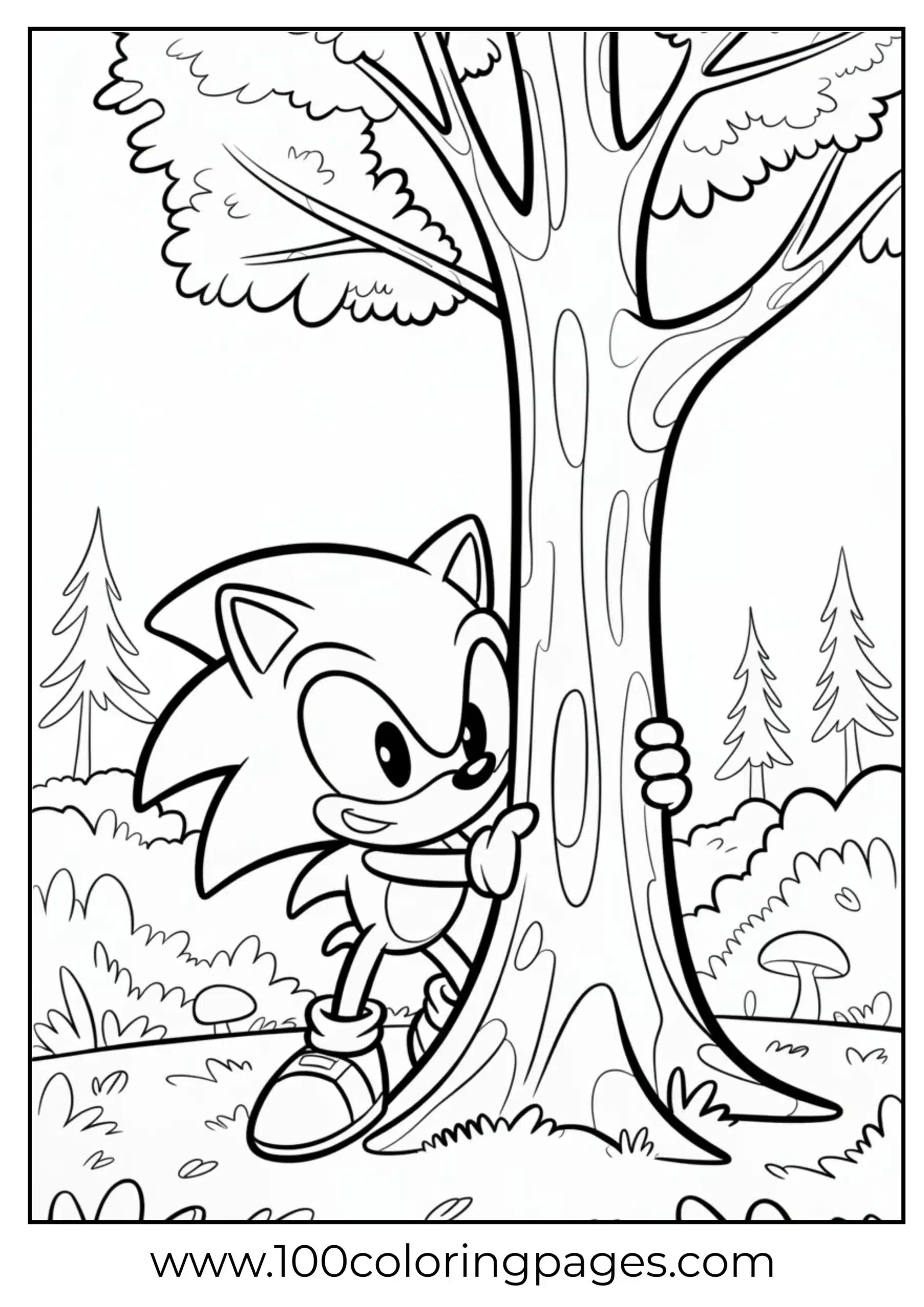 Sonic peeking behind tree coloring page