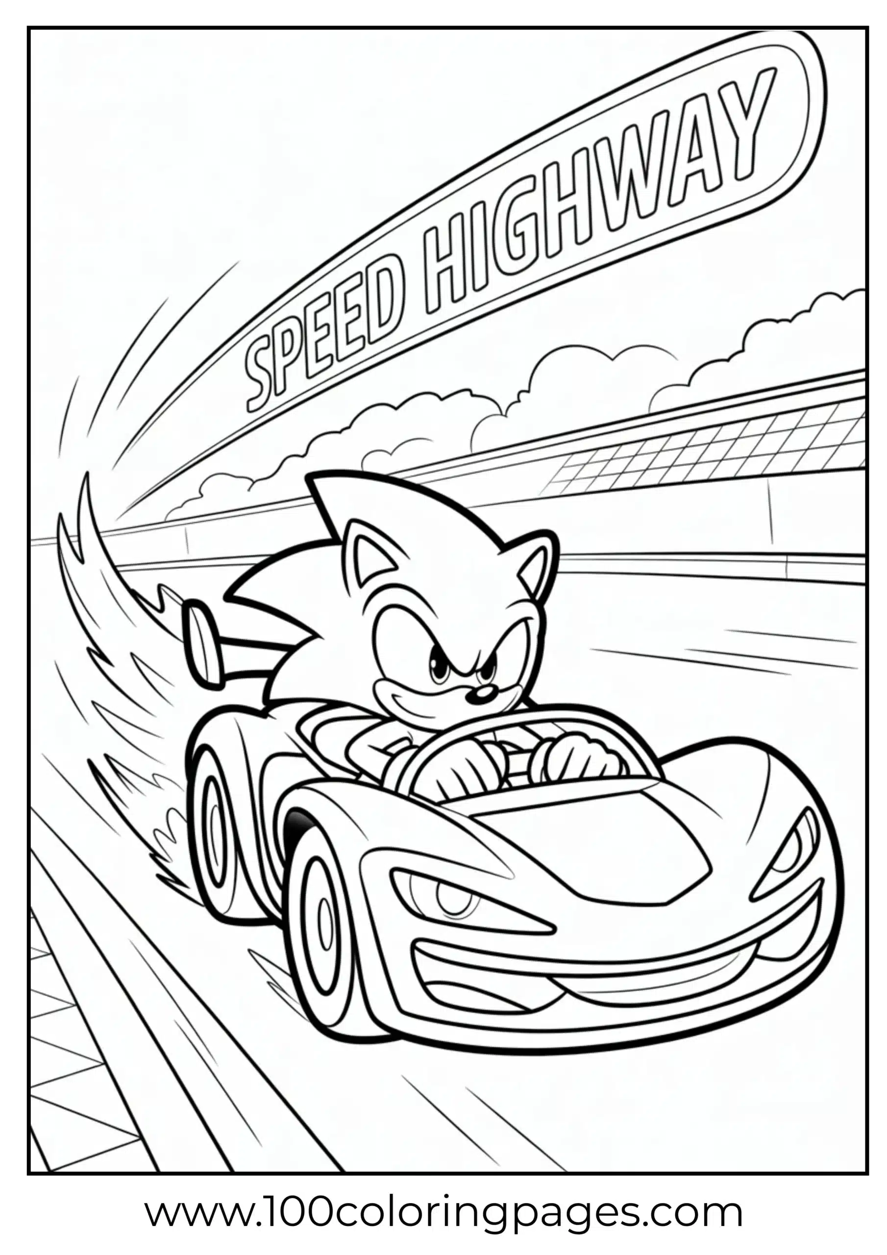 Sonic in a speeding racecar coloring page