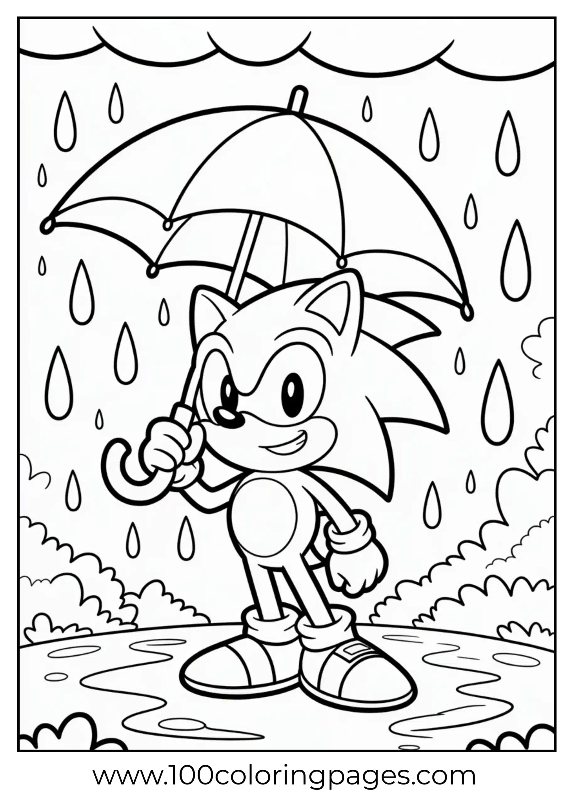Sonic with umbrella in the rain coloring page