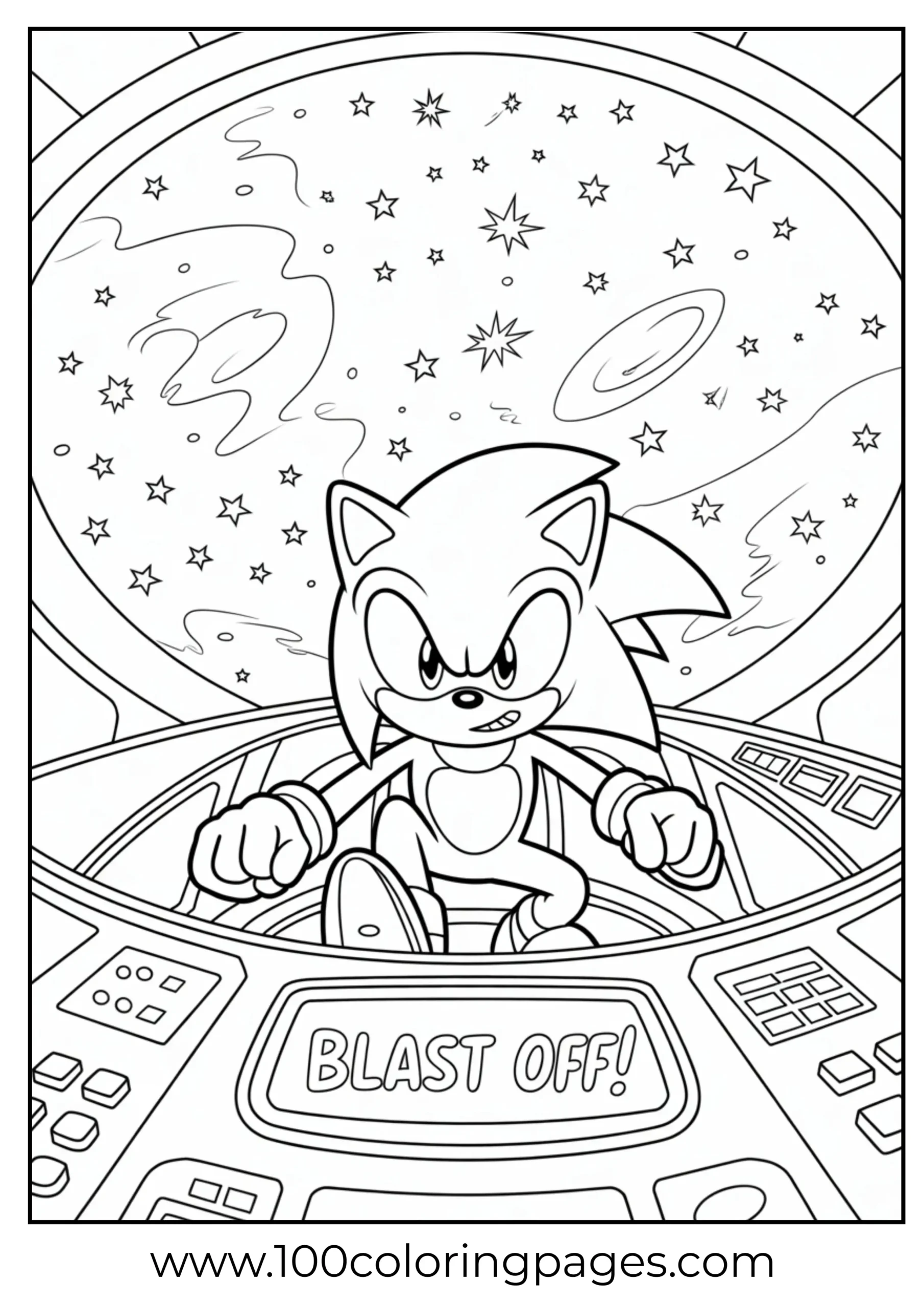 Sonic flying spaceship in cockpit coloring page