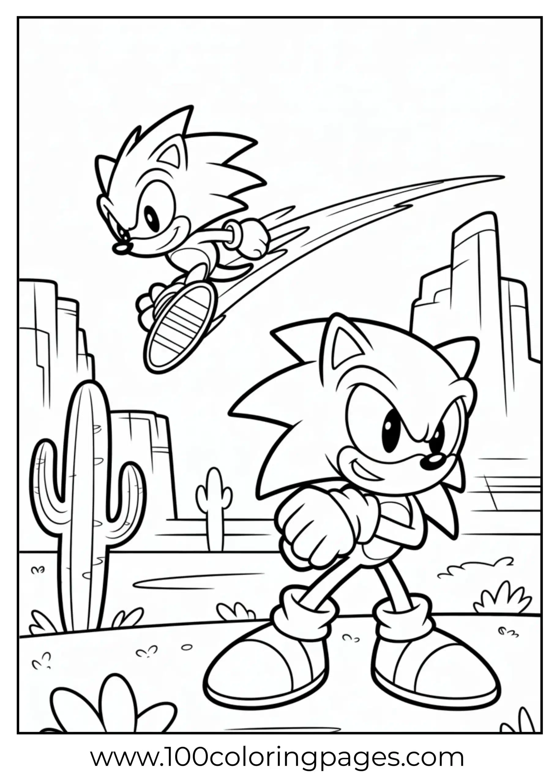 Sonic and Knuckles running in desert coloring page
