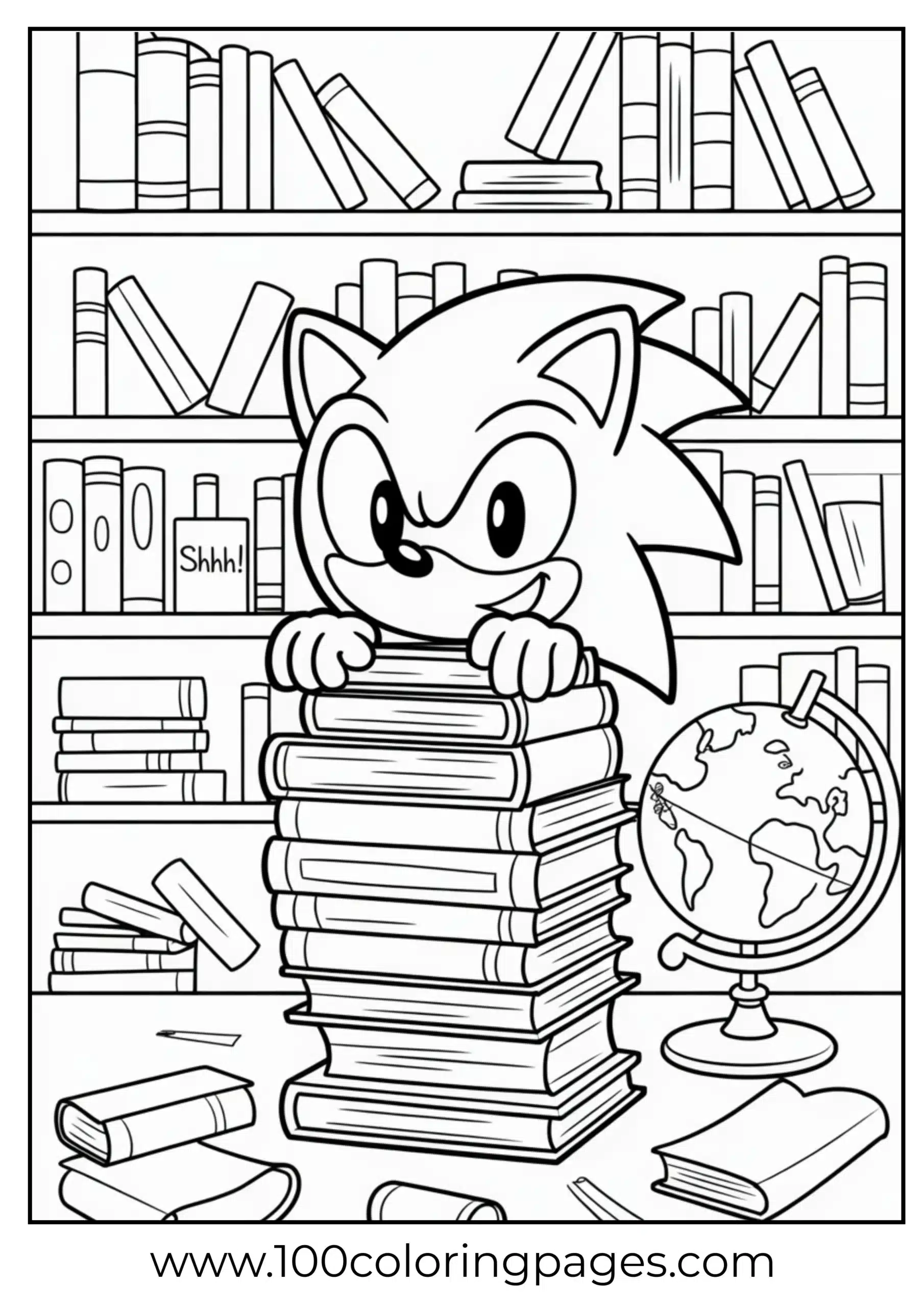 Sonic hiding among books in library coloring page