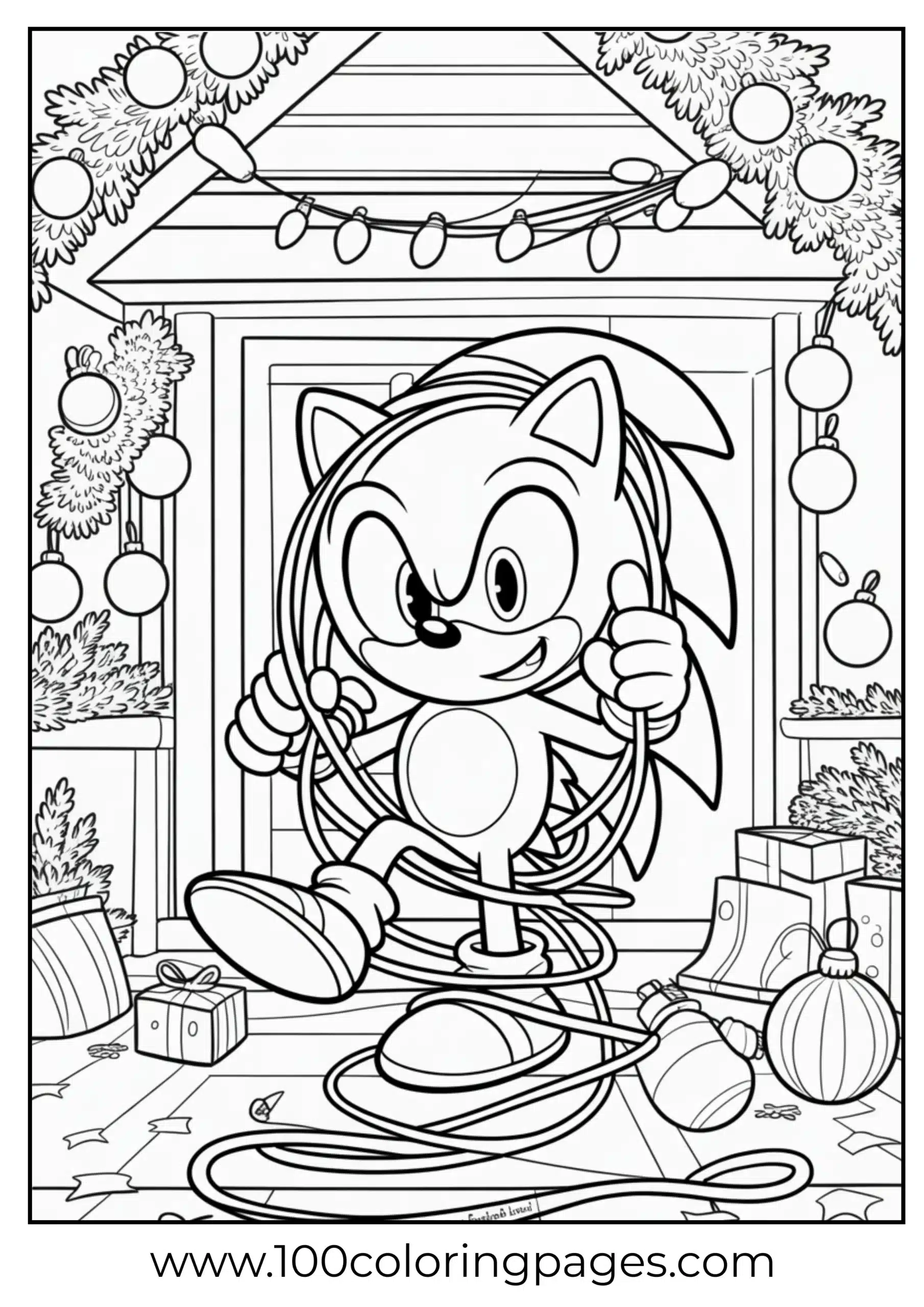 Sonic tangled in holiday lights coloring page