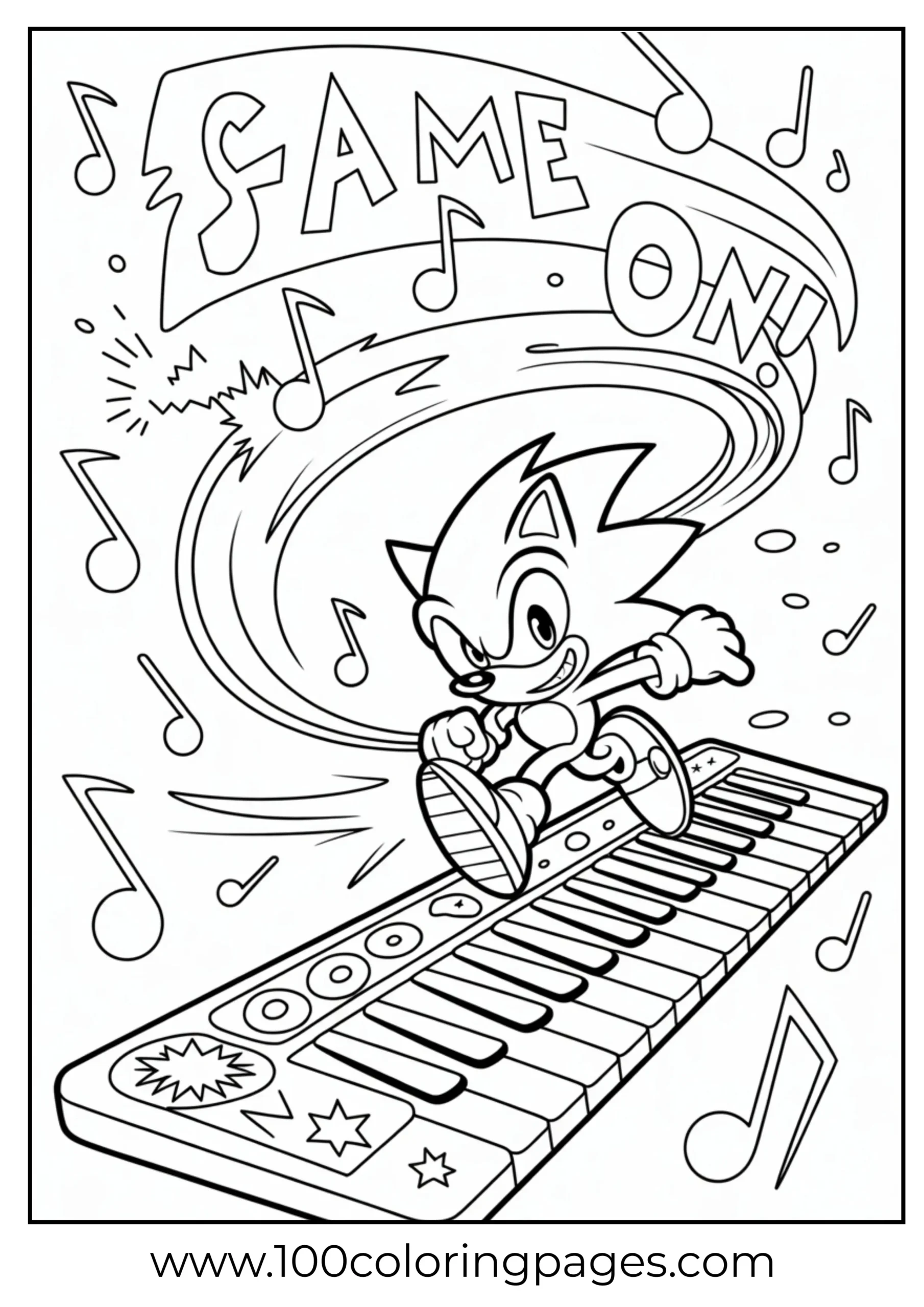 Sonic running on keyboard with music notes coloring page