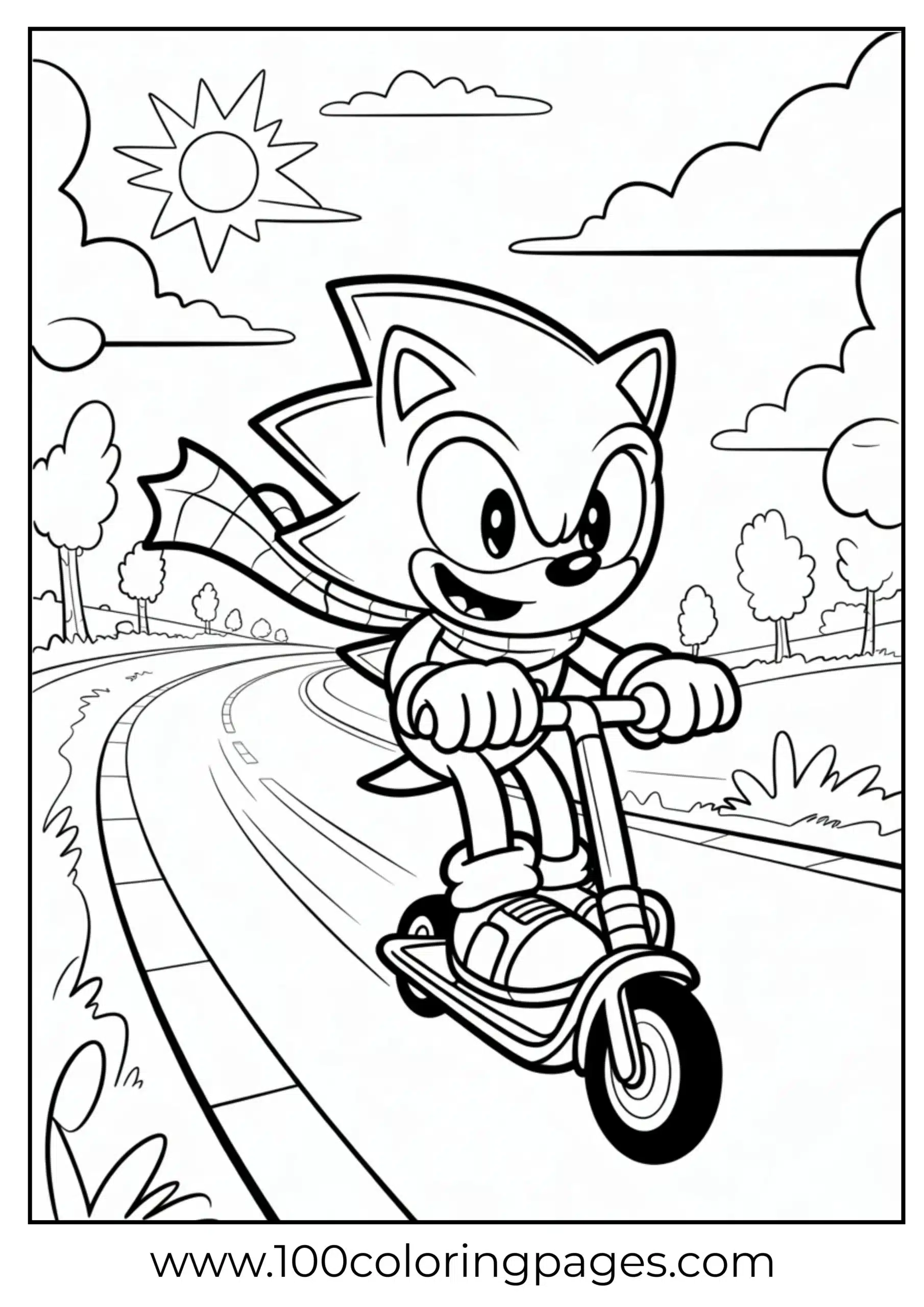 Sonic riding a scooter fast coloring page