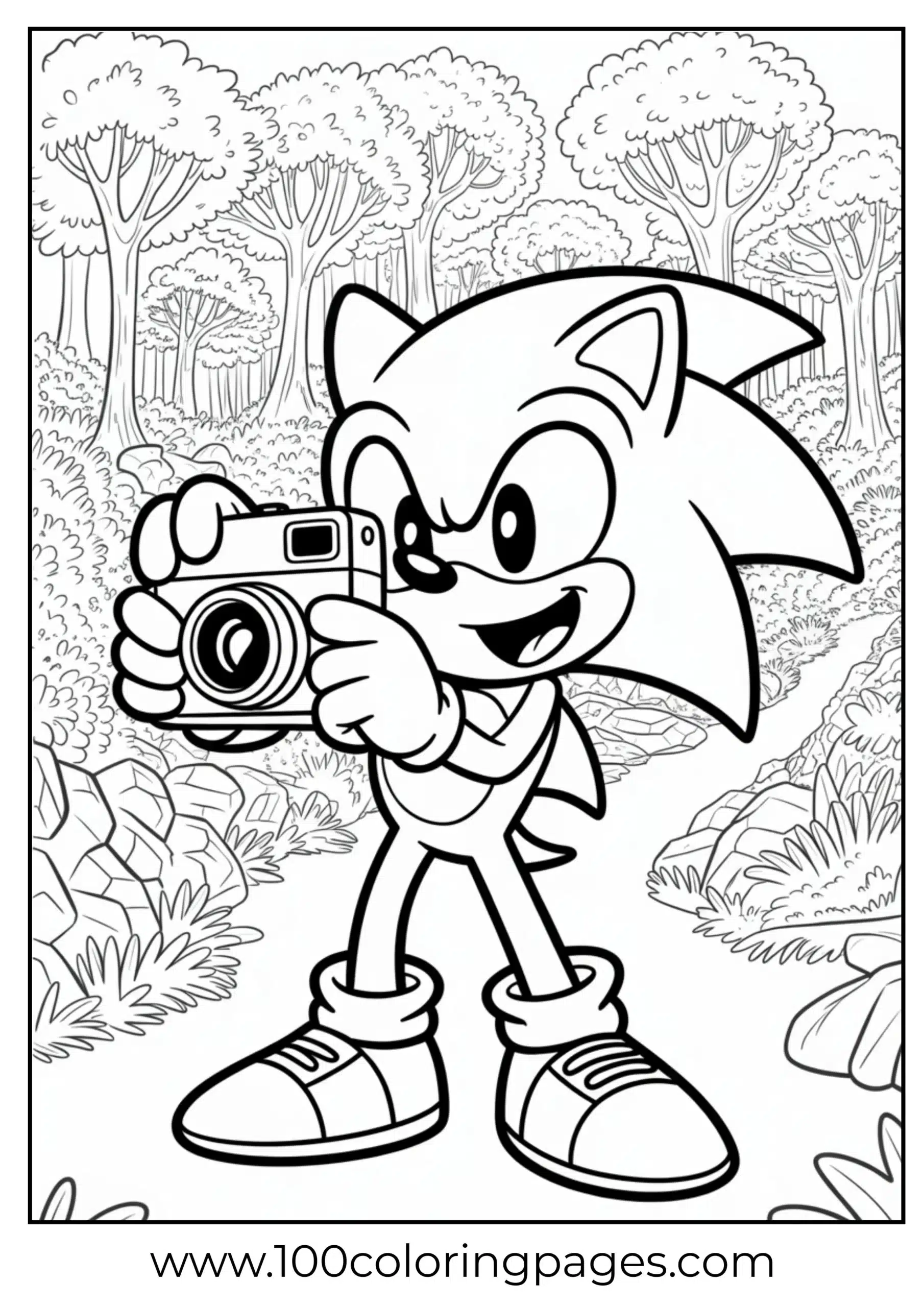 Sonic taking photos in forest coloring page
