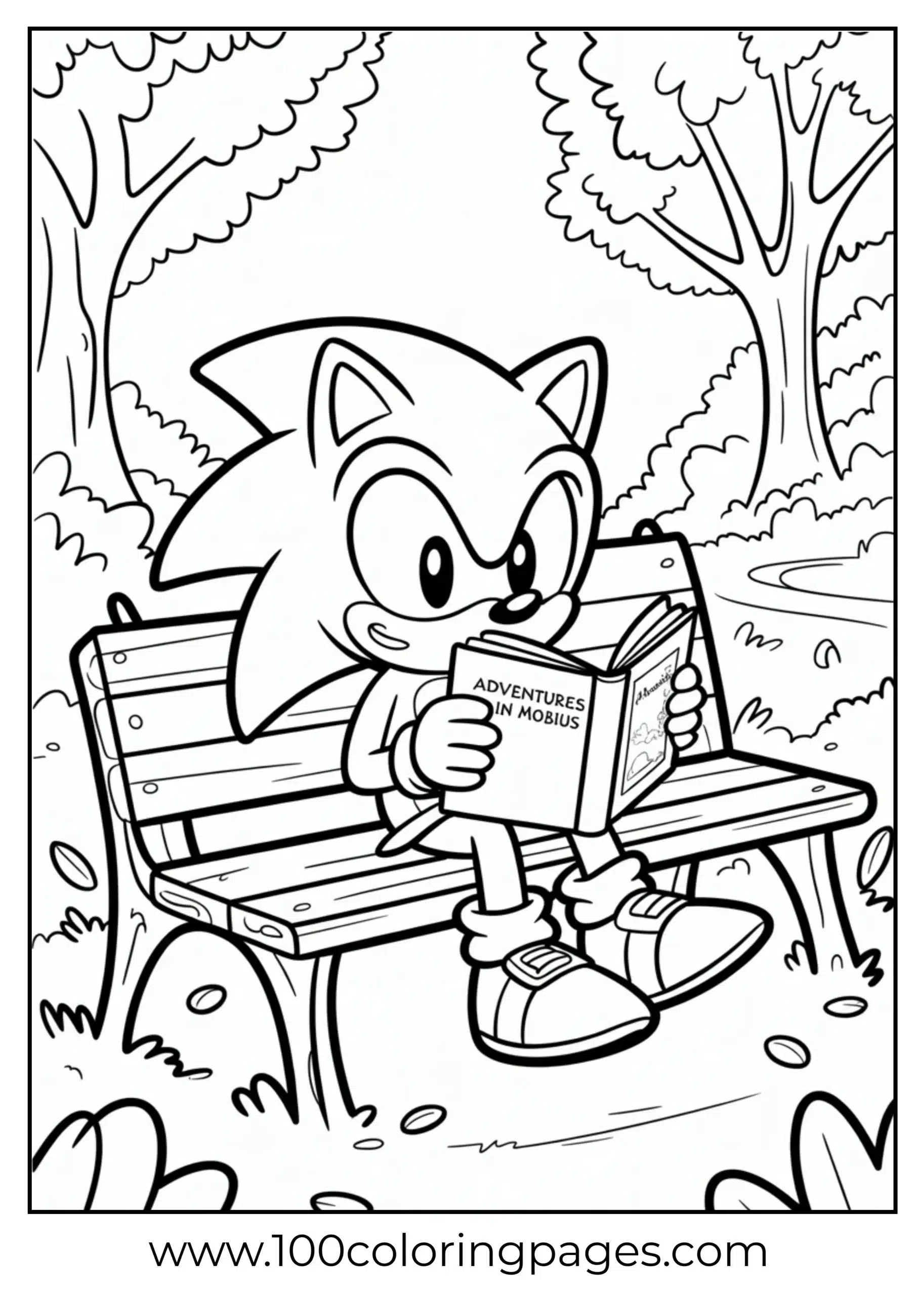 Sonic reading on a bench coloring page