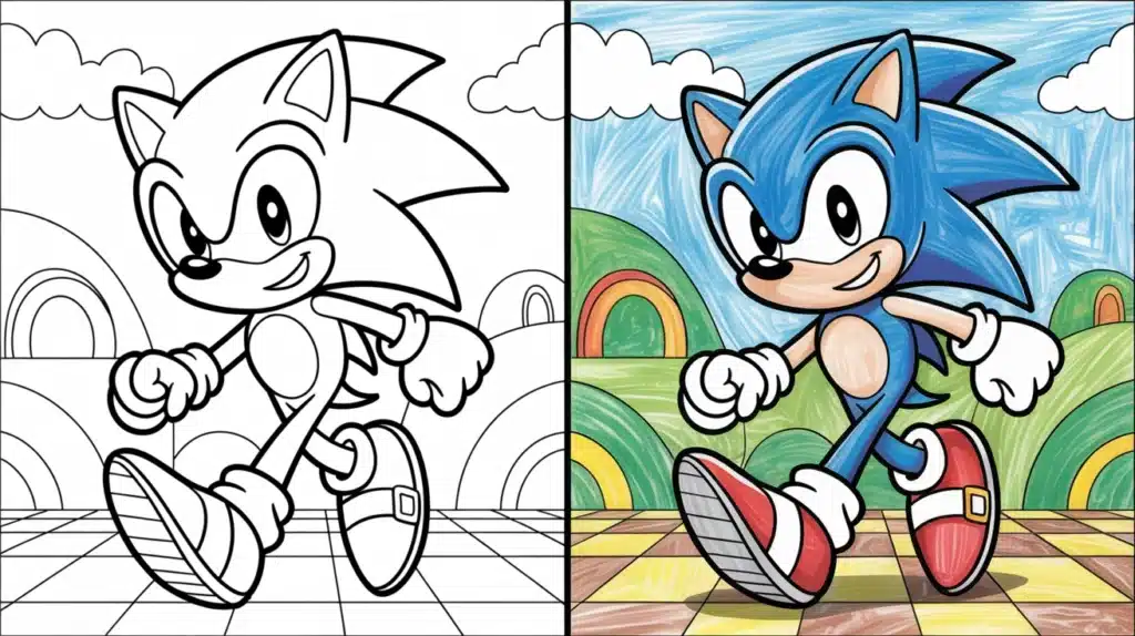 Black and white line art of Sonic the Hedgehog running through a colorful background, perfect for a sonic coloring pages.