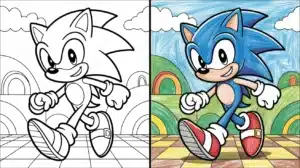 Black and white line art of Sonic the Hedgehog running through a colorful background, perfect for a sonic coloring pages.