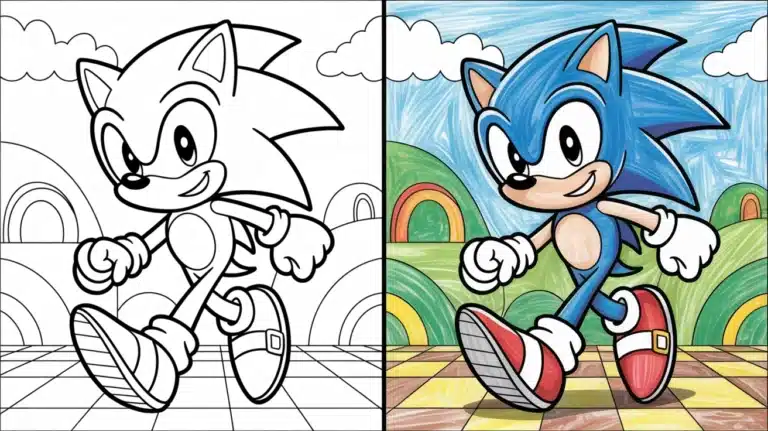 Black and white line art of Sonic the Hedgehog running through a colorful background, perfect for a sonic coloring pages.