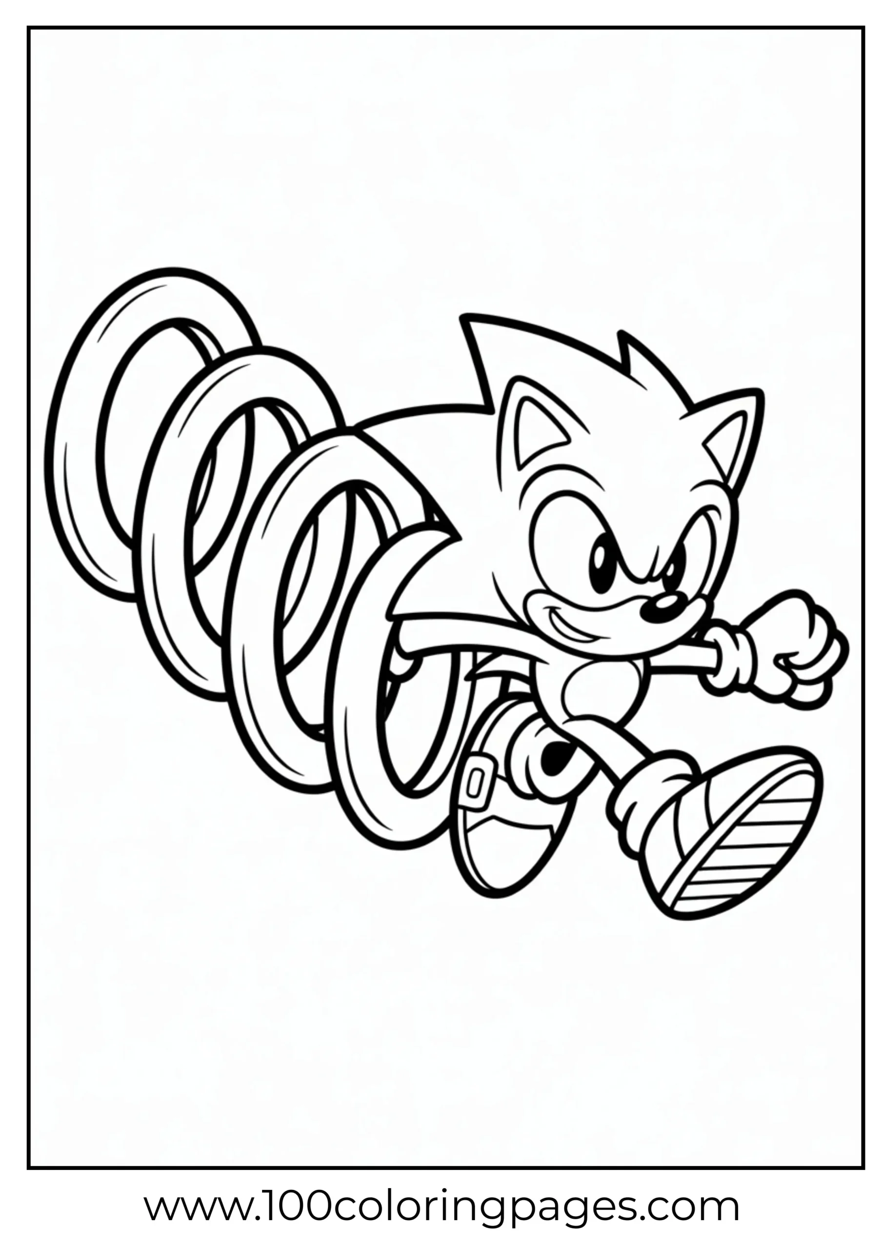 Sonic the Hedgehog running through rings as coloring page