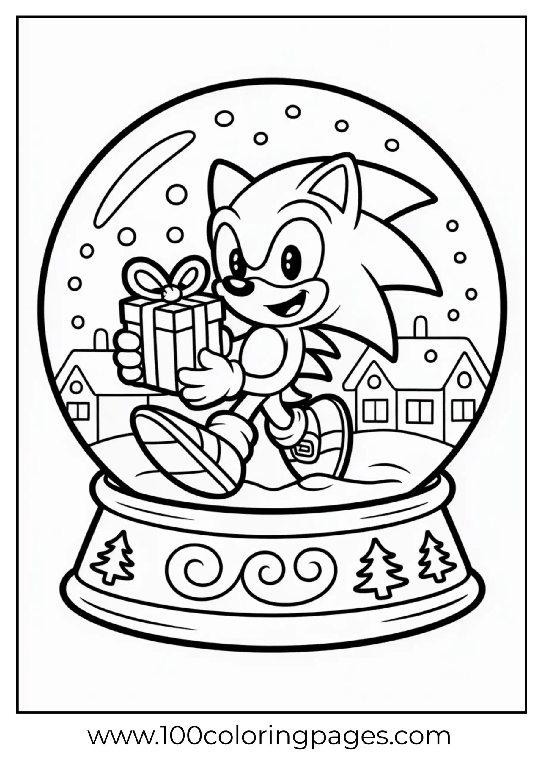 Sonic inside snow globe with gift coloring page