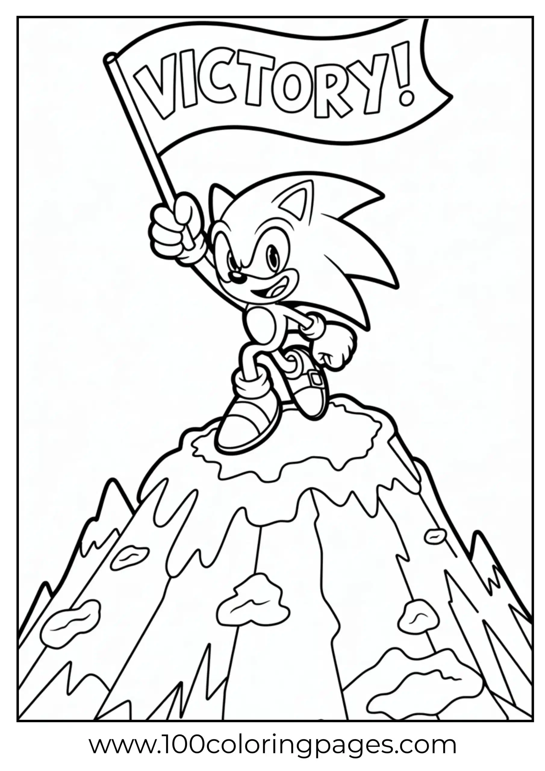 Sonic holding flag on mountaintop coloring page